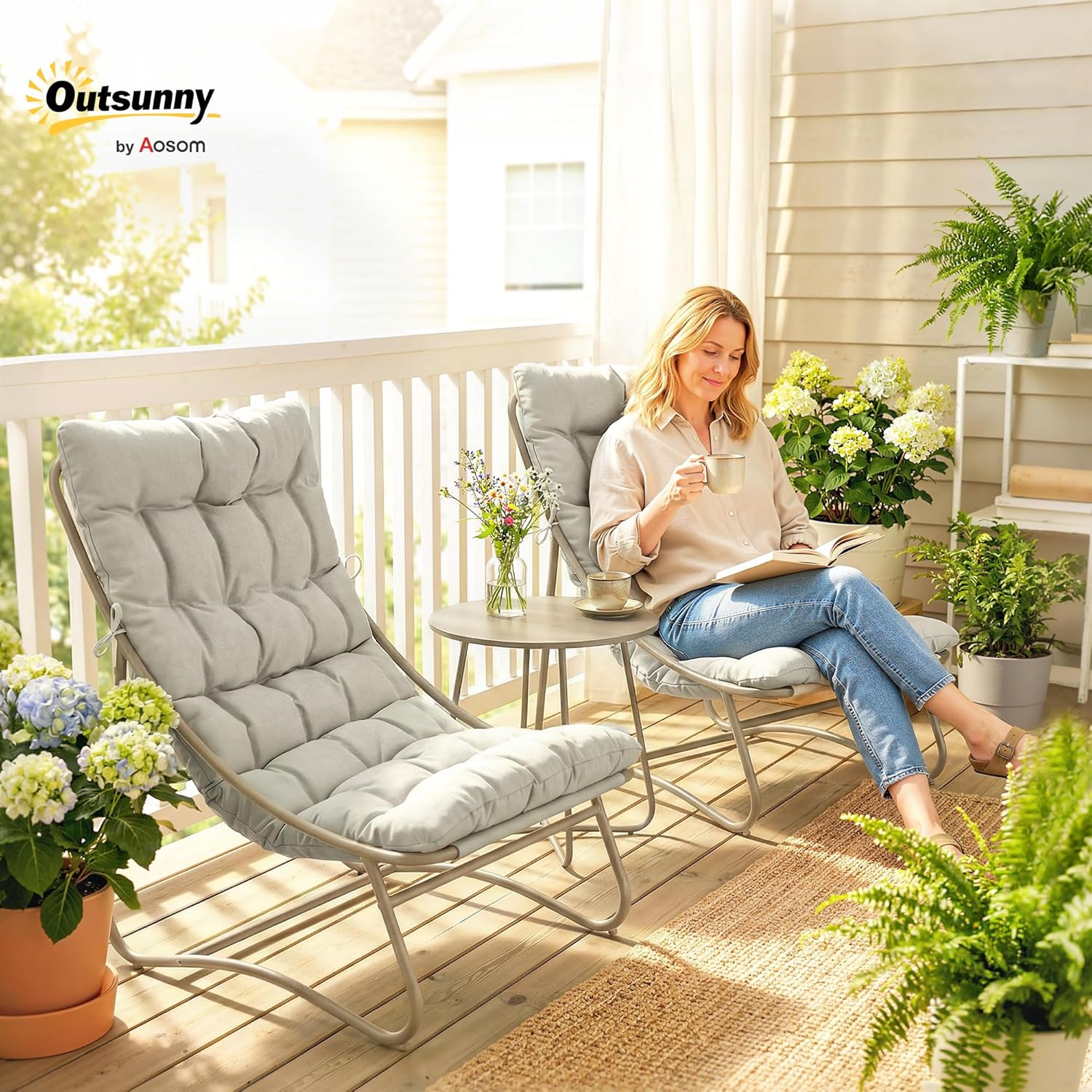 Outsunny - Salon Bistro 3 pièces - table ronde, chaises textilène, coussins - mobilier de jardin métal, 2 personnes, gri