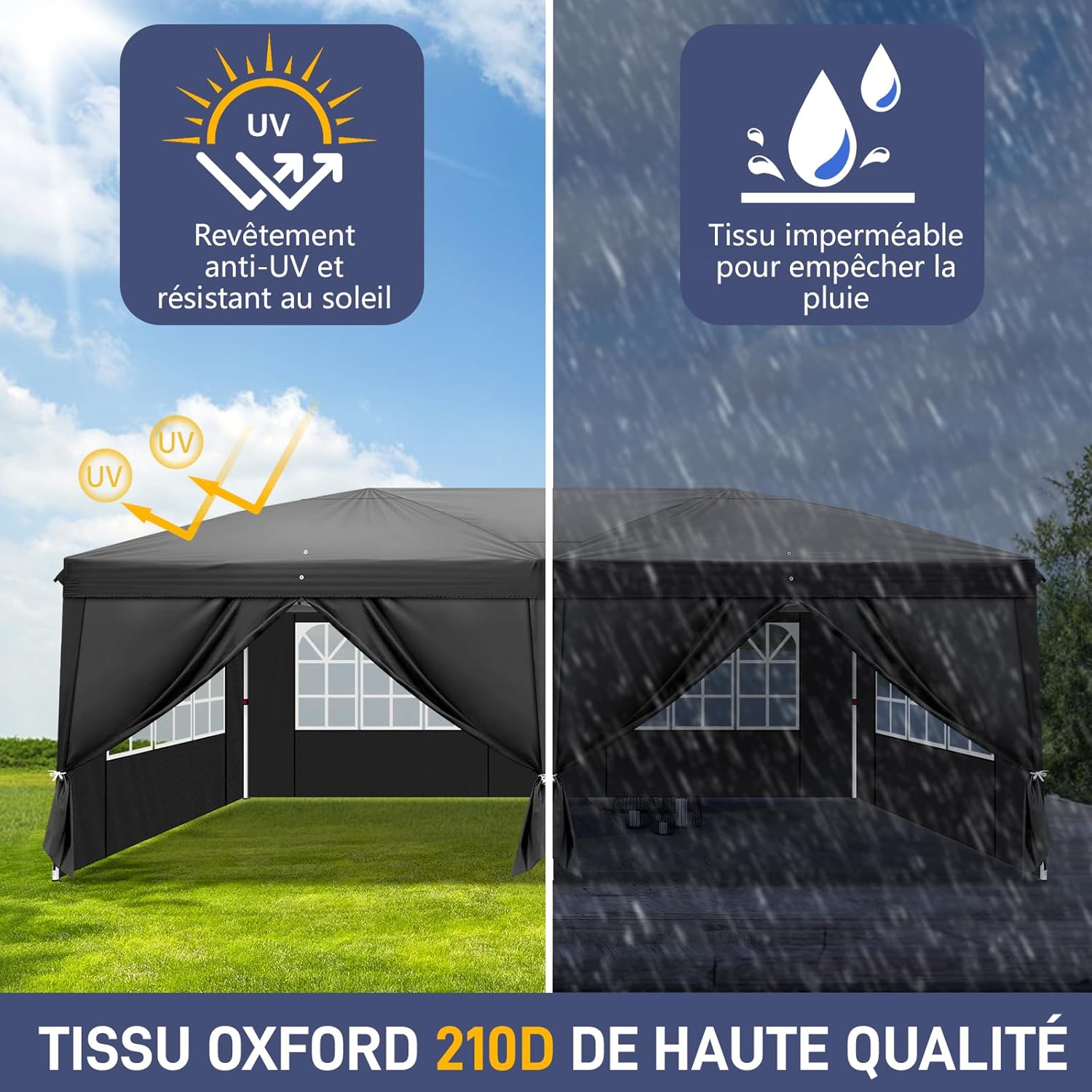 LEADZM - tonnelle pliante série 3x6m - acier, 6 côtés, UV50+, noir