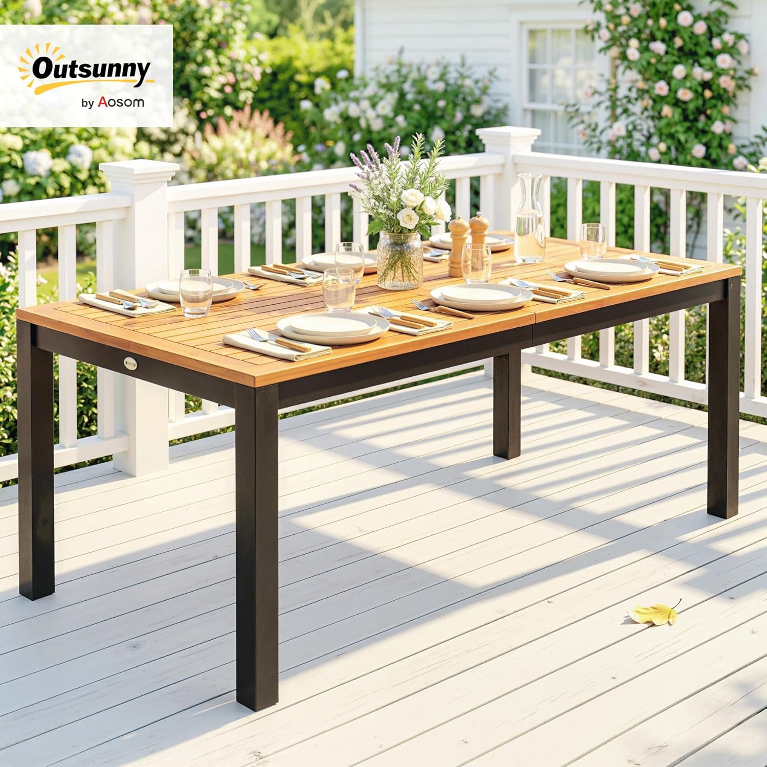 Outsunny - Table de jardin rectangulaire 150x75x75 cm - bois acacia, 6 places, trou parasol, 80 kg
