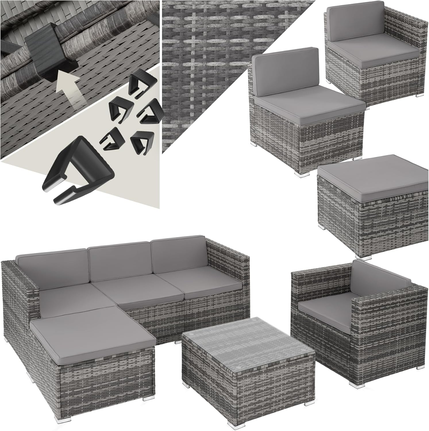 tectake - Ensemble Poly Rotin 5 places modulable dimensions, salon extérieur