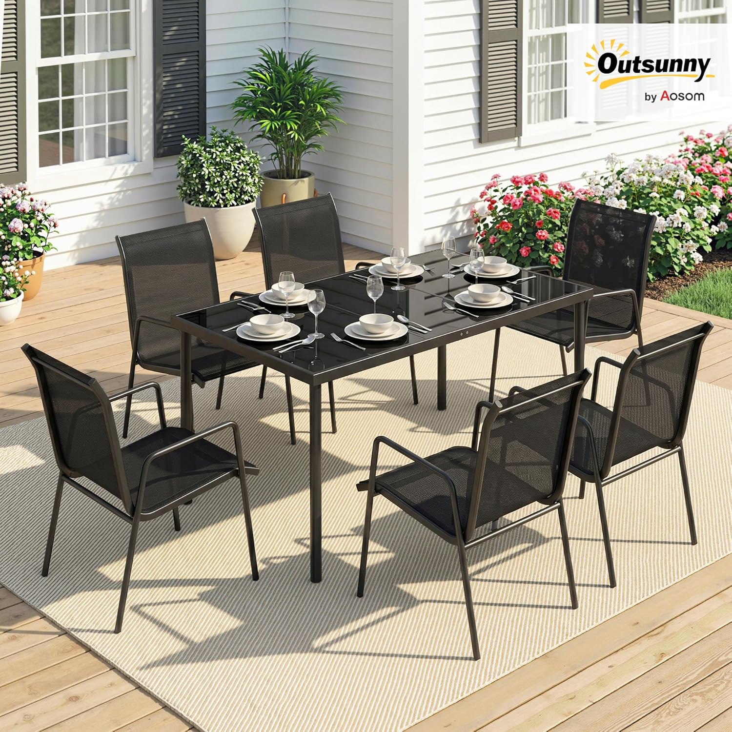 Outsunny - salon de jardin 6 places - table verre trempé, chaises empilables, textilène, noir