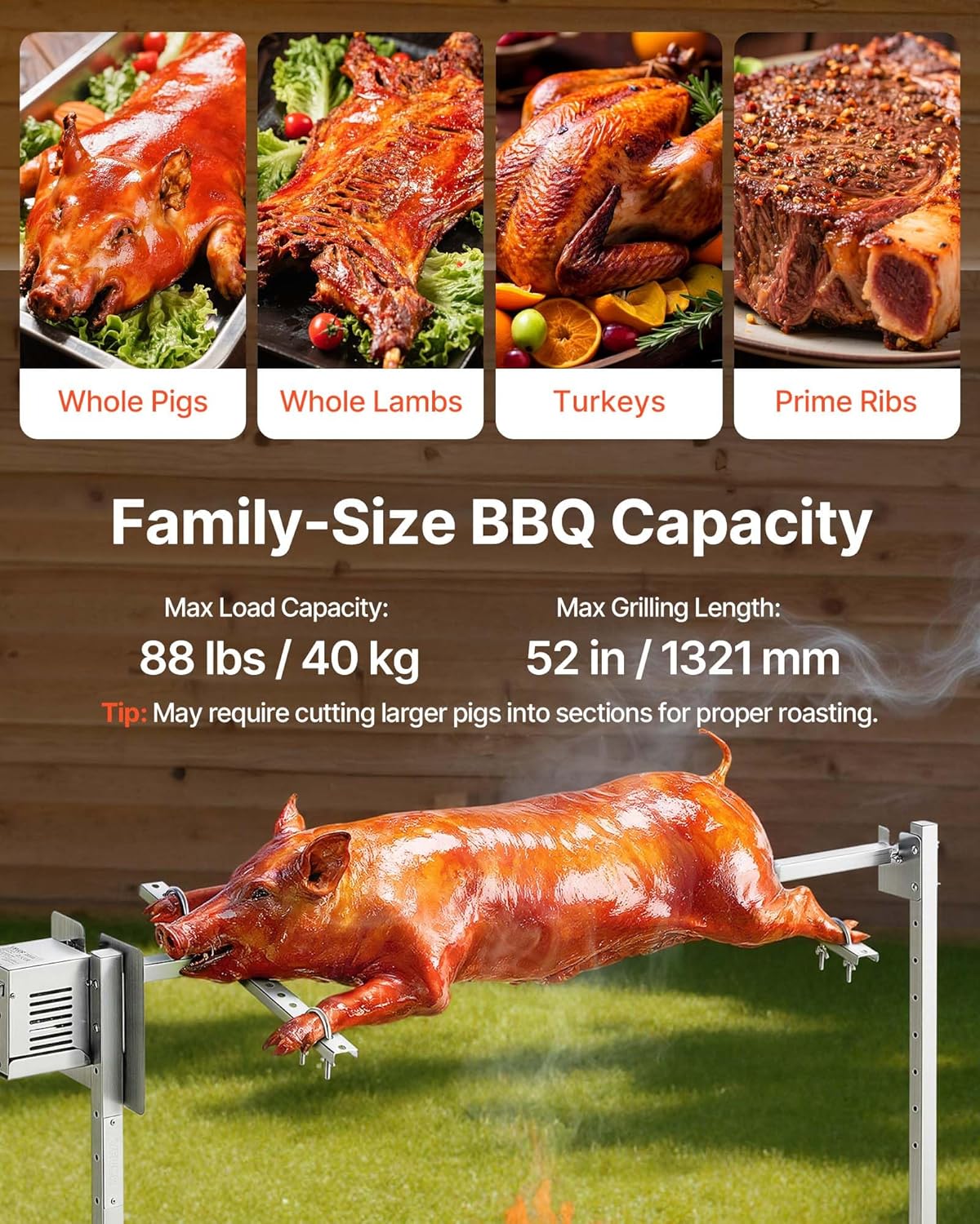 VEVOR - tournebroche barbecue - 40 kg - 8 hauteurs, moteur 38W, inox