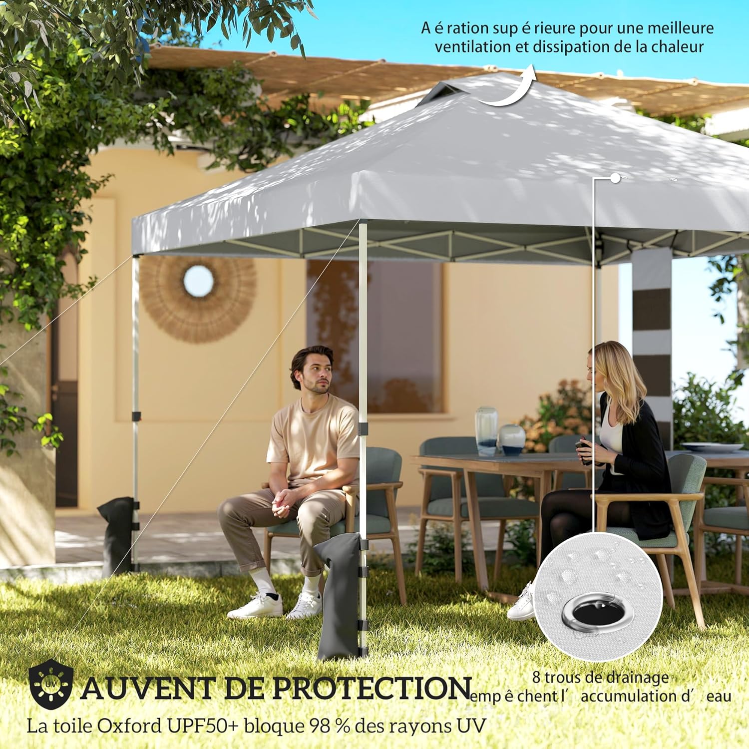 Outsunny Tonnelle de Jardin 3 x 3 m Pop up Tente Pliante Hauteur réglable Protection UV50+ tonnelle Pliante avec 5 Poches 4 Sacs de Sable Sac de Transport à roulettes Montage Facile à 1 Bouton Blanc