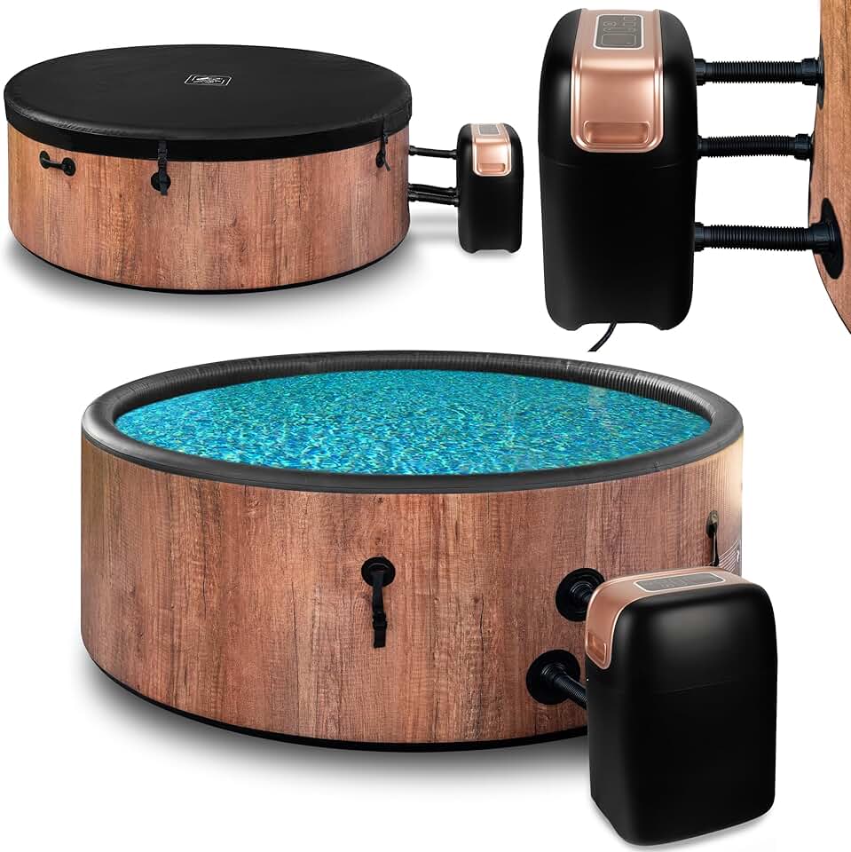 COIL Spa de jardin SPA de plein air Résistant à l'hiver SPA de plein air Gonflable - 6 personnes, aspect bois, matériau DWF robuste, gonflage rapide, hydromassage bien-être (Chêne)