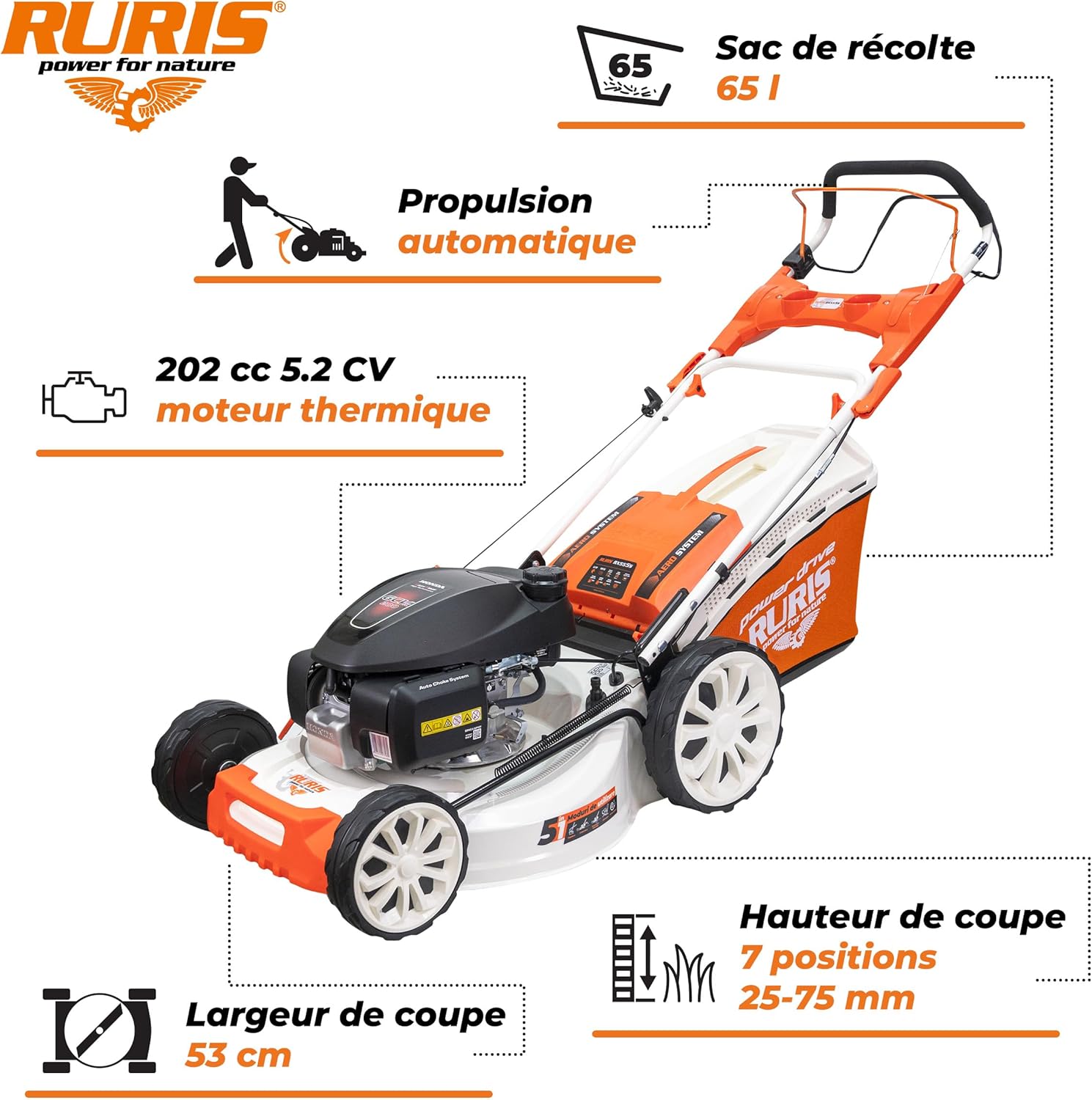 RURIS - RX555s - 530mm - Moteur Honda 202cc, 5 en 1, sac 65l, automatique RX555s