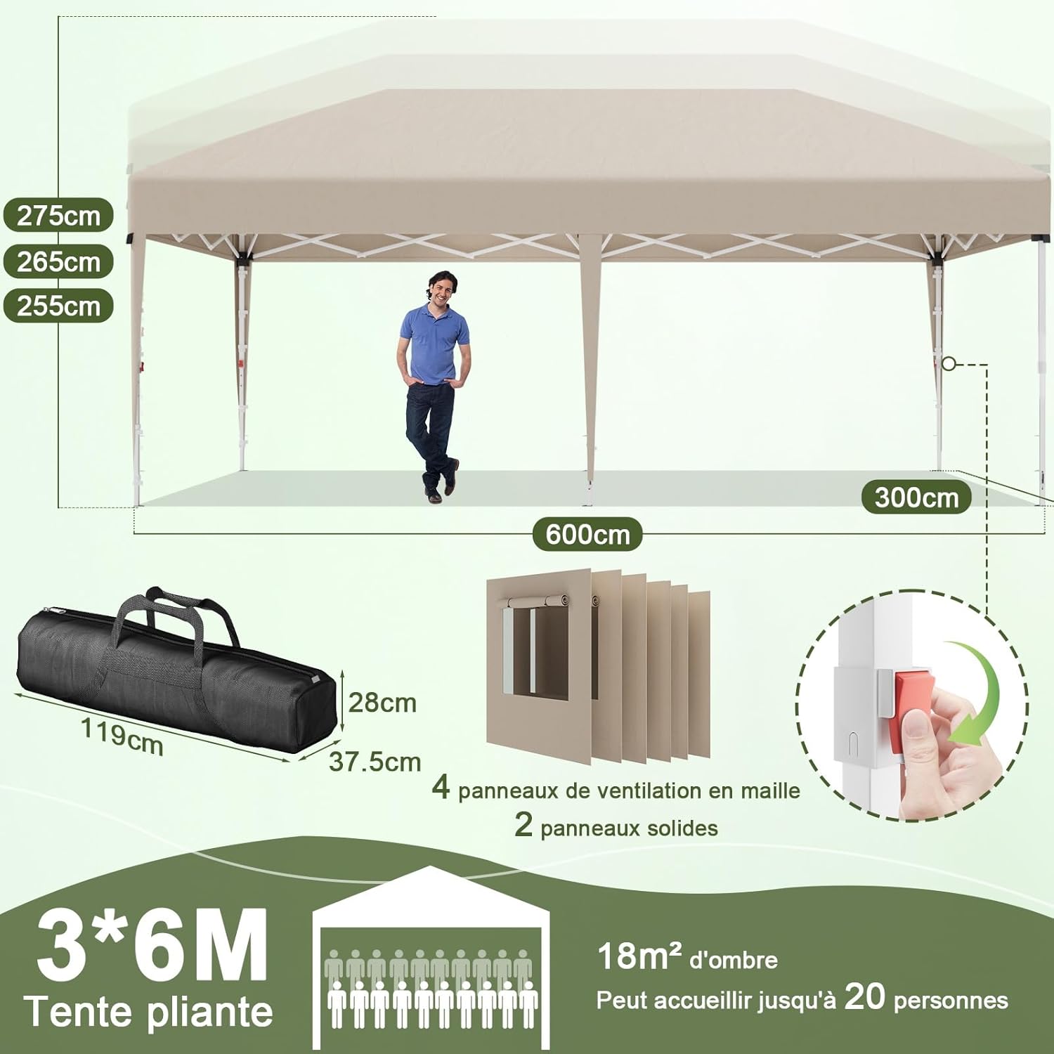 Devoko - Tonnelle pliante 3x6m - fenêtre moustiquaire, imperméable, UV50+