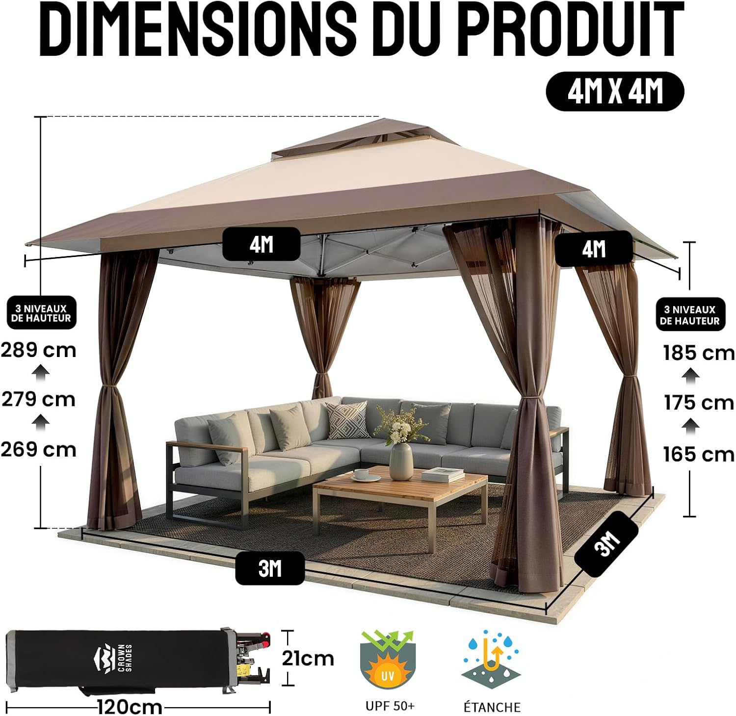 CROWN SHADES Tonnelle de Jardin 4 x 4 m, Pop Up Gezebo Exterieur Imperméable, Abri de Jardin Réglable en Hauteur, Double Toit avec Côtés en Maille Zippée, Sac de Transport, Beige