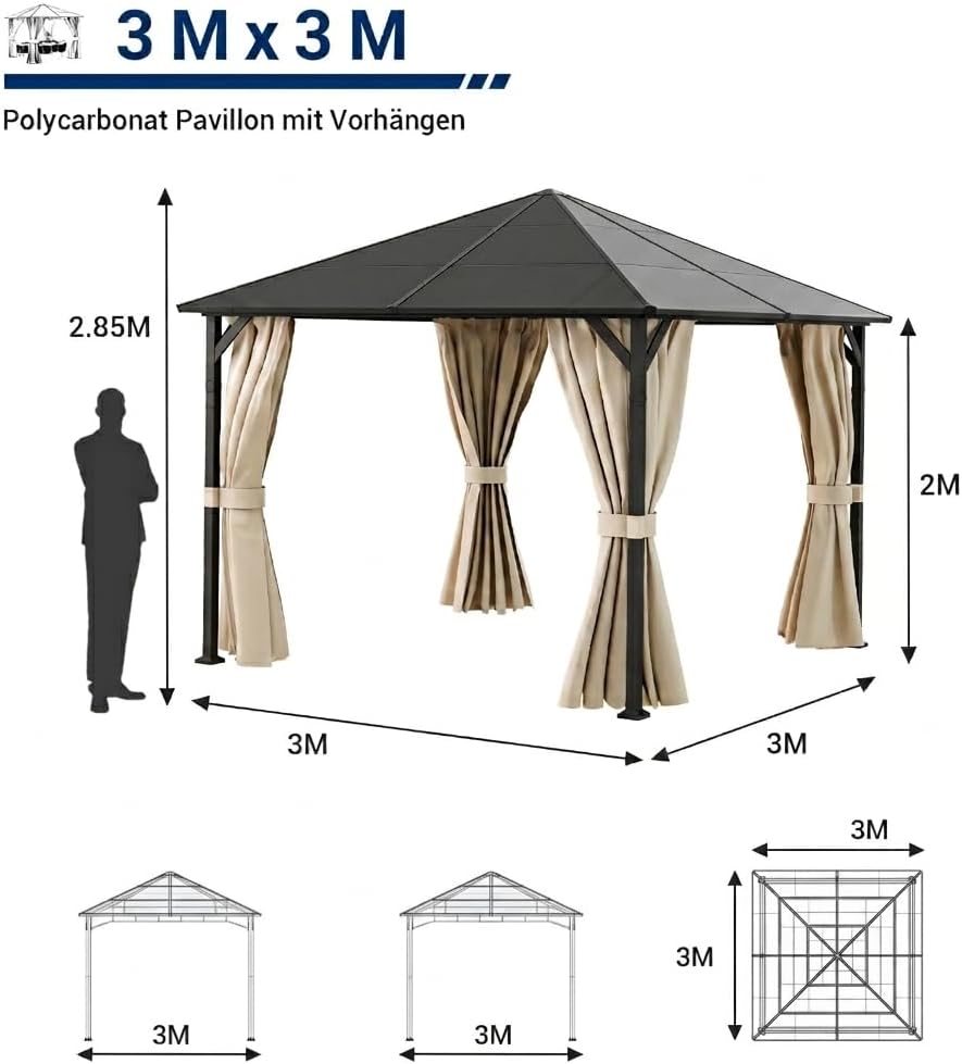 UDPATIO - Tonnelle série imperméable - 3x3m - Toit UV, rideaux, stabilisée, Champagne