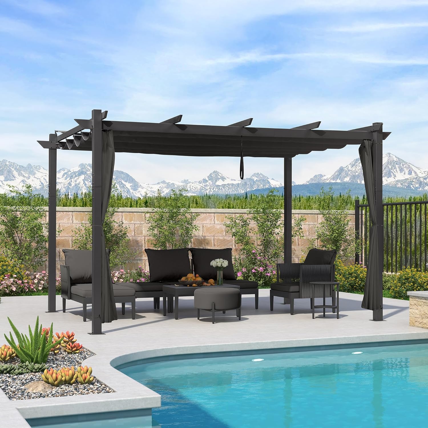 PURPLE LEAF - Pergola Aluminium - 4x3m - Rideau, toit rétractable, imperméable