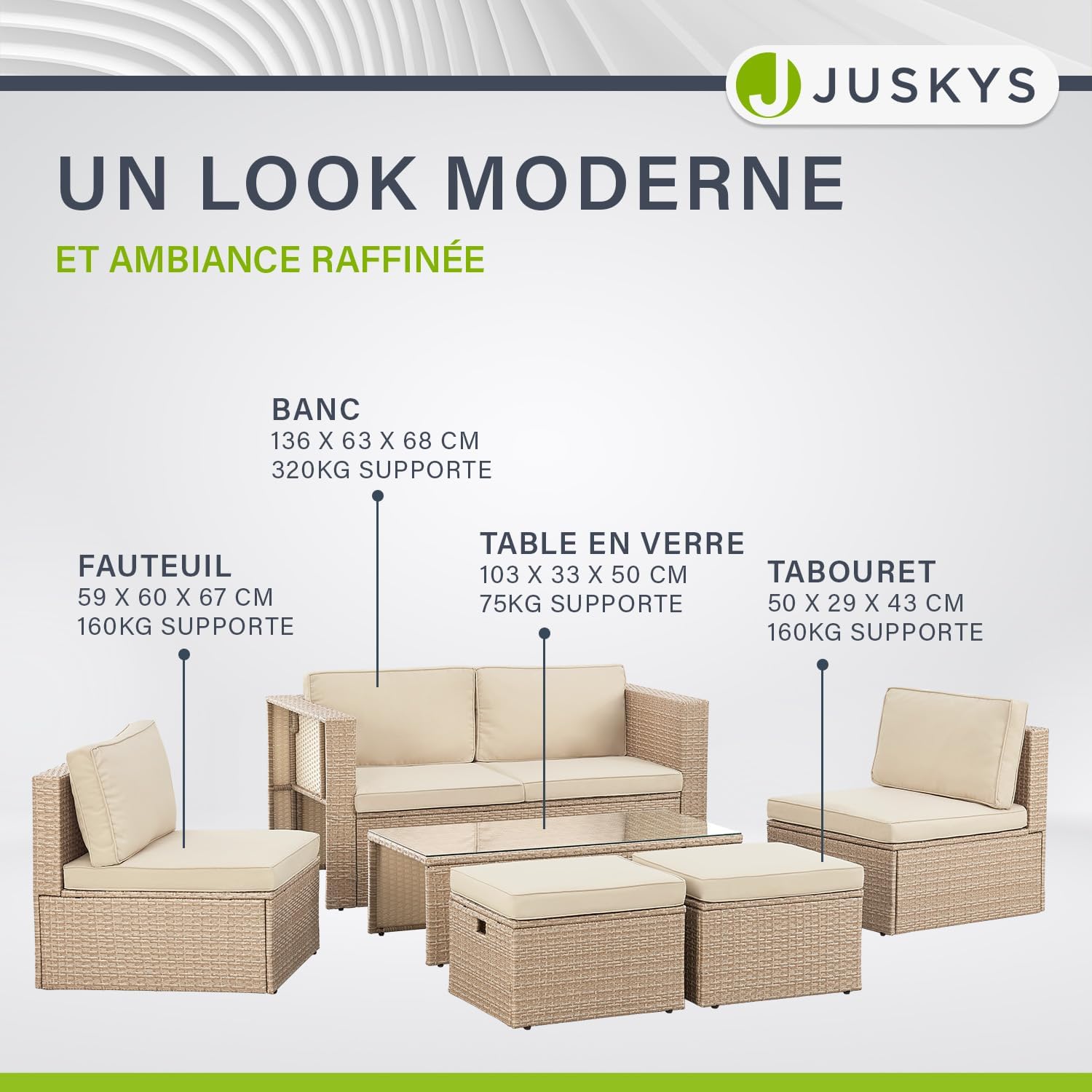 Juskys - Salon de Jardin Salou - 6 places - polyrotin, table, coussins, crème/sable