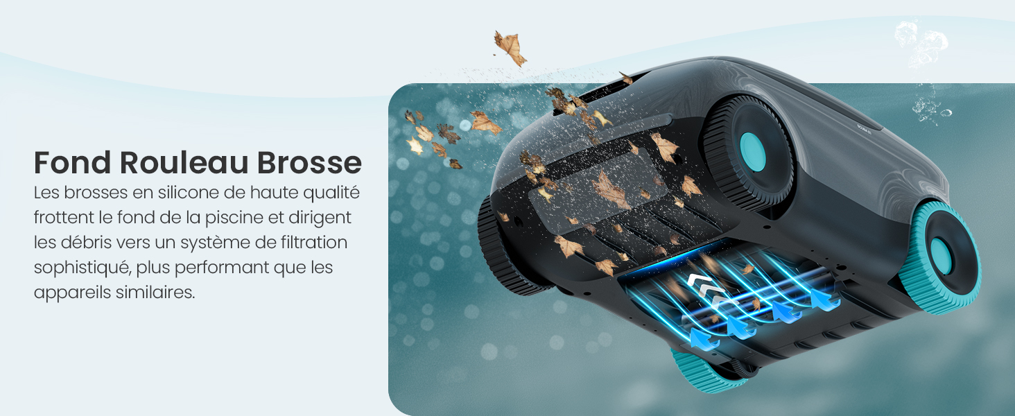 Le texte indique « Fond Rouleau Brosse » et le texte de description en français. Aspirateur robotique noir et bleu sarcelle avec double brosse circulaire représentée à un angle isométrique.