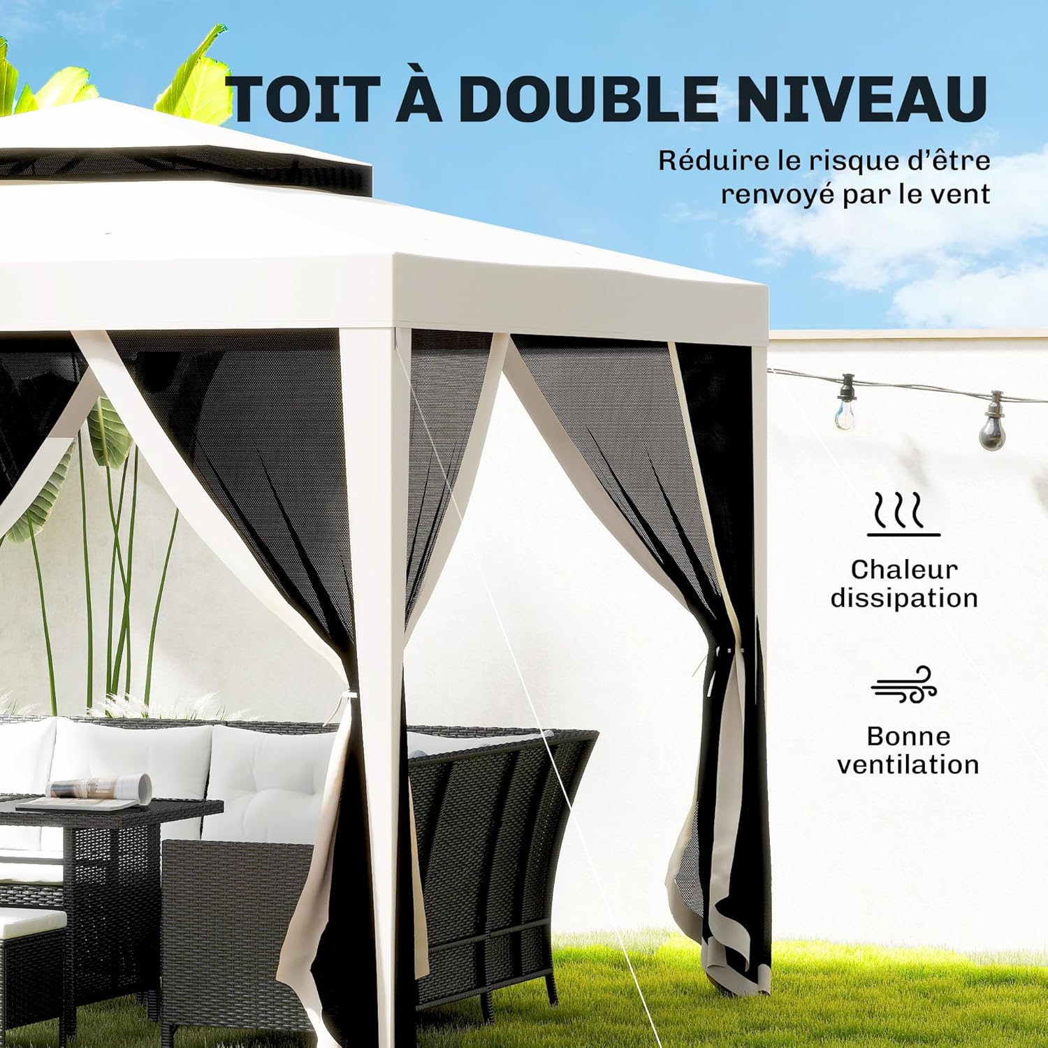 Outsunny - Tonnelle série Barnum - 3x3 m - moustiquaires, double toit, crème