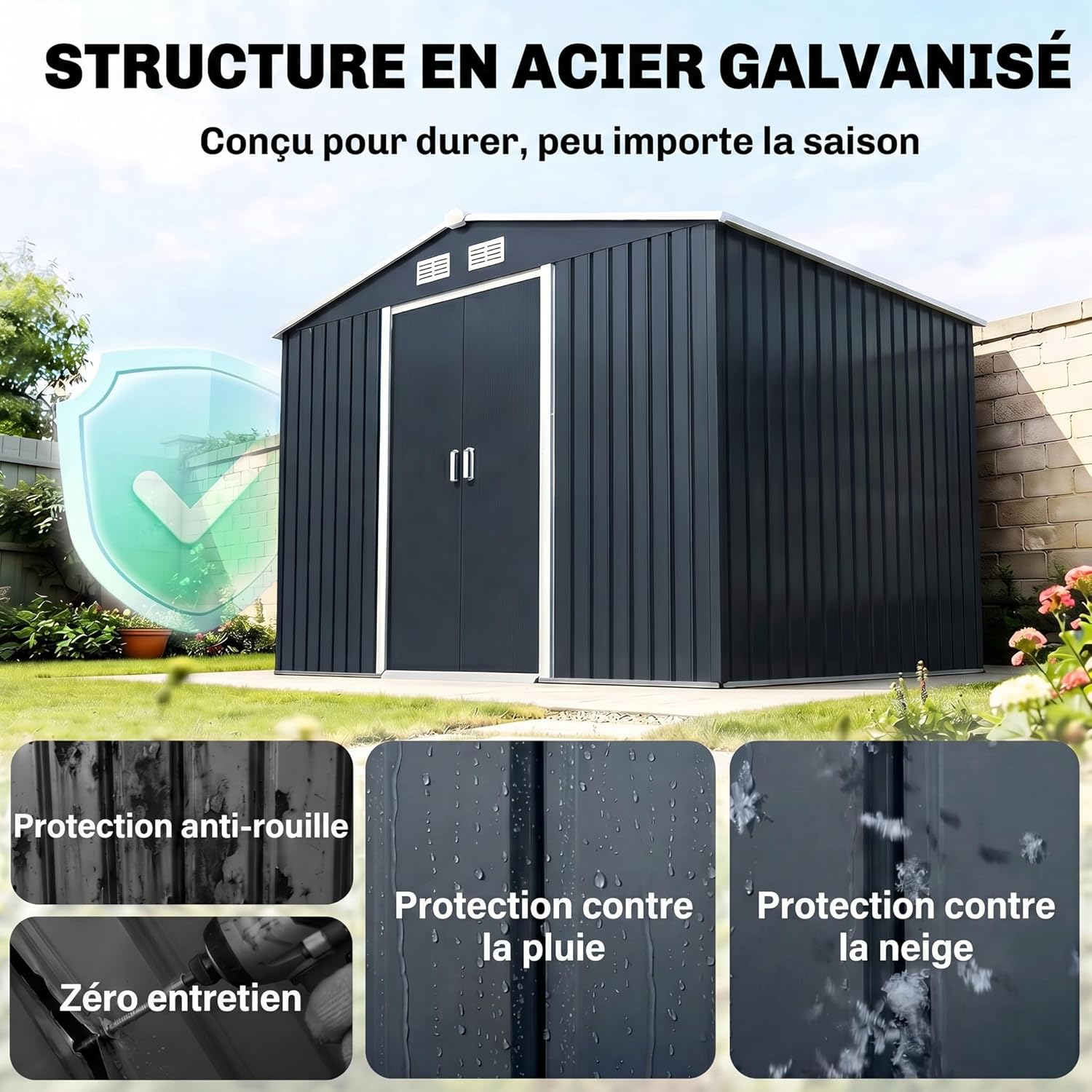 Outsunny - abri de jardin XXL 277x195x192 cm, acier, portes coulissantes, 4 aérations