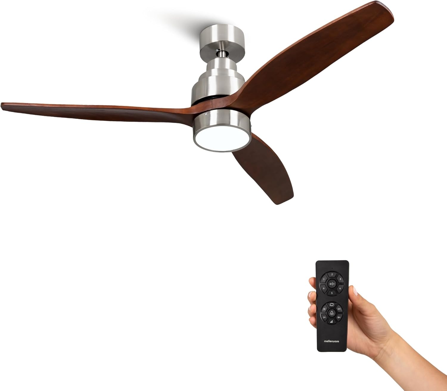 Mellerware - Ventilateur de plafond avec télécommande Brizy! Bright 45W | Lampe puissante | Ultra silencieux | 3 lames | Diamètre 132cm | 6 vitesses | Refroidissement + LED intégrée | Bois foncé