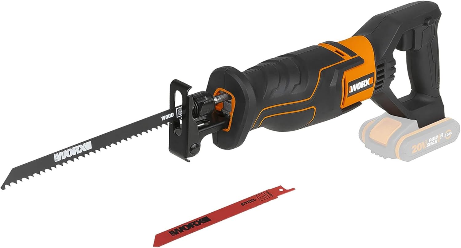 WORX Scie sabre sans fil 20V WX500.9, Compacte et Légère, Coupe le Bois, l'Acier et le PVC jusqu'à 190mm, Vitesse Variable, Anti-Vibration, livrée avec lames bois et acier, sans Batterie ni Chargeur
