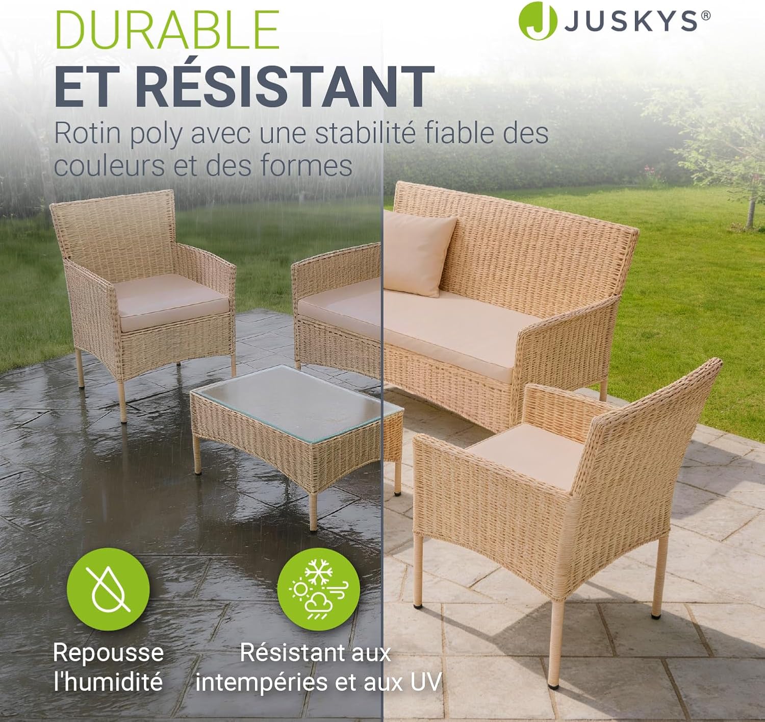 Juskys - Fort Myers - ensemble 4 places en résine tressée, canapé 2 places, fauteuils, table, coussins, mobilier extérie