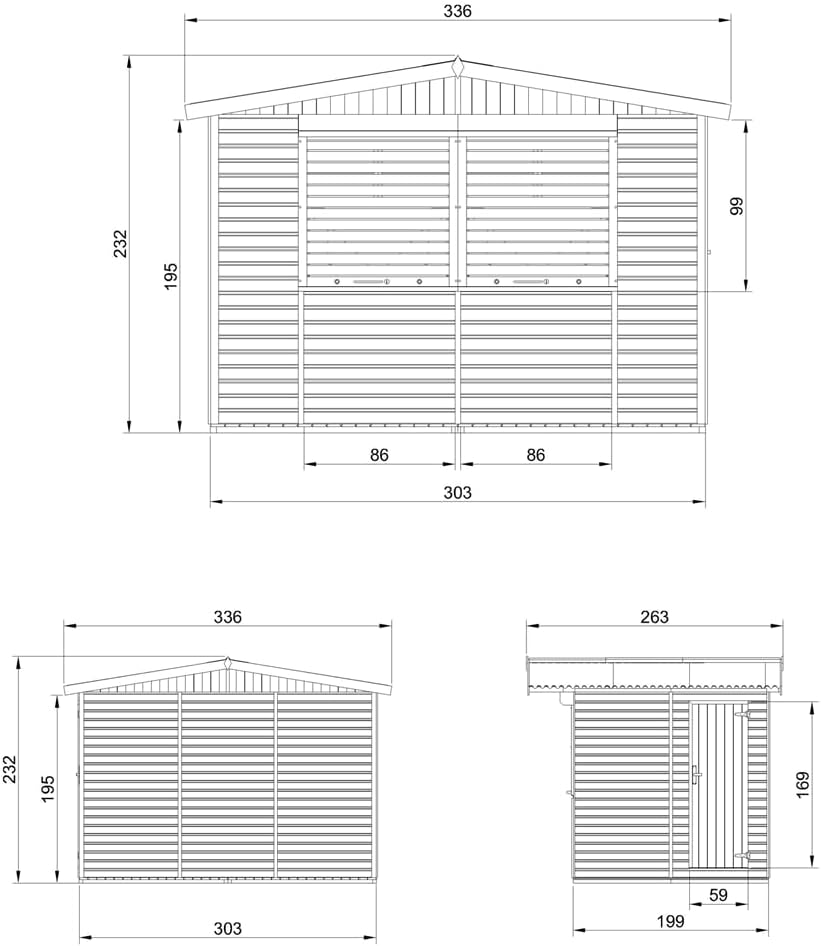 Timbela - Abri de jardin bois, 6m², 2 fenêtres, volets roulants, 336x263x232 cm - M150Z