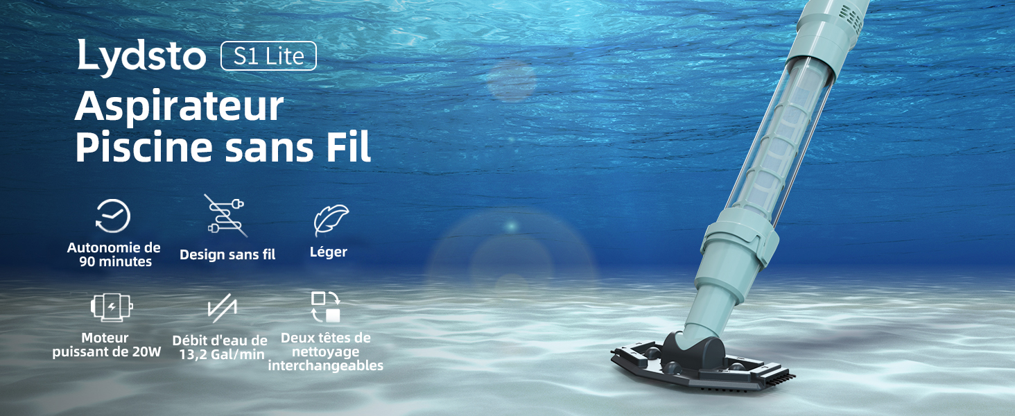 Le texte indique « Aspirateur Piscine sans Fil ». Scène sous-marine avec symboles et icônes d'appareils de nettoyage sur fond bleu de piscine.