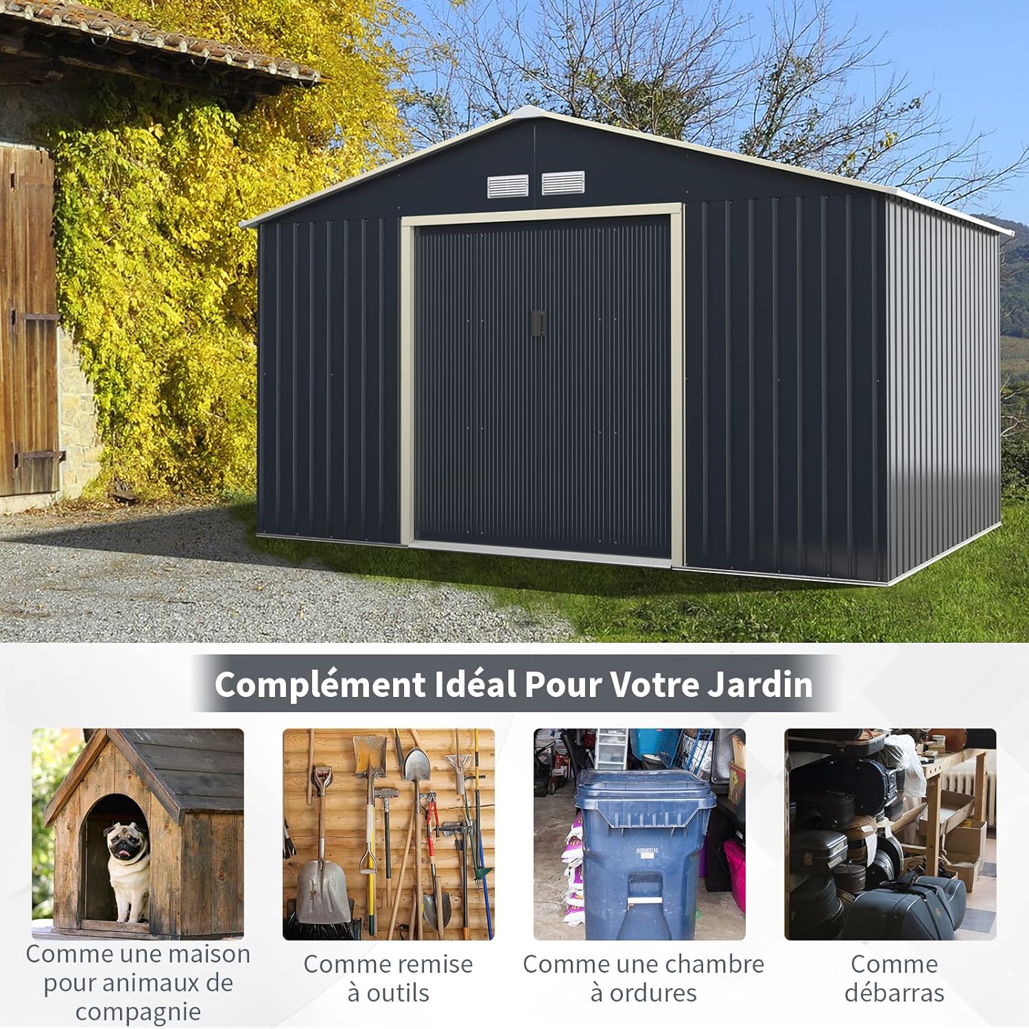 COSTWAY Abri de Jardin Métal 10㎡ 2 Portes Coulissantes Verrouillables, 4 Trous d’Aération, Toit Penché, Cabane Jardin Exterieur Gris pour Vélo, Poubelle, 340 x 319 x 210 cm