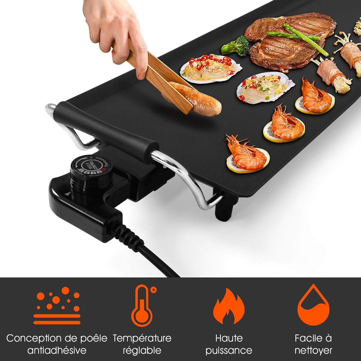 GOPLUS - plancha électrique XXL - 90x23cm - antiadhésive, thermostat ajustable, 8 personnes, 1800W