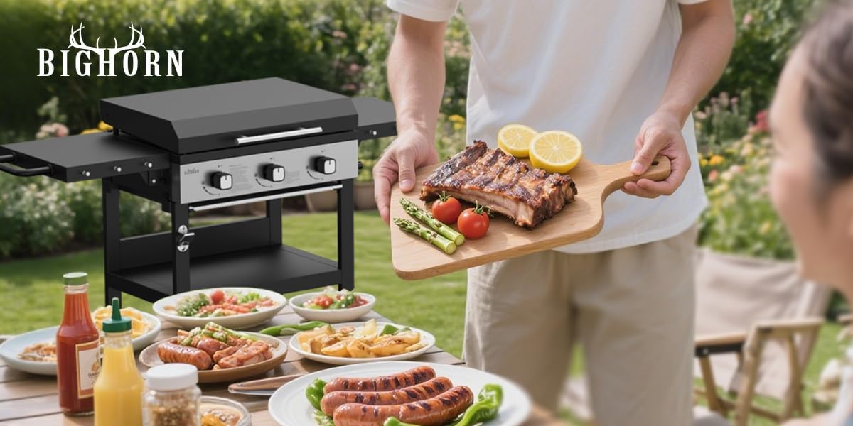 BIGHORN - Plancha gaz 3 brûleurs avec chariot, couvercle - 7,2 kW