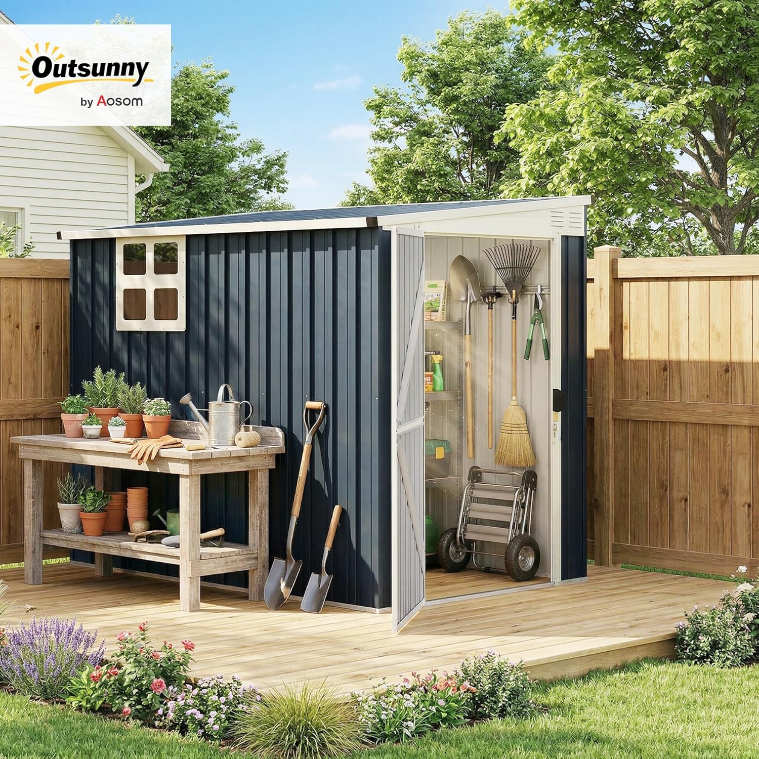 Outsunny - abri de jardin métal - 128x231x181cm - toit pente, fenêtre, porte verrouillable