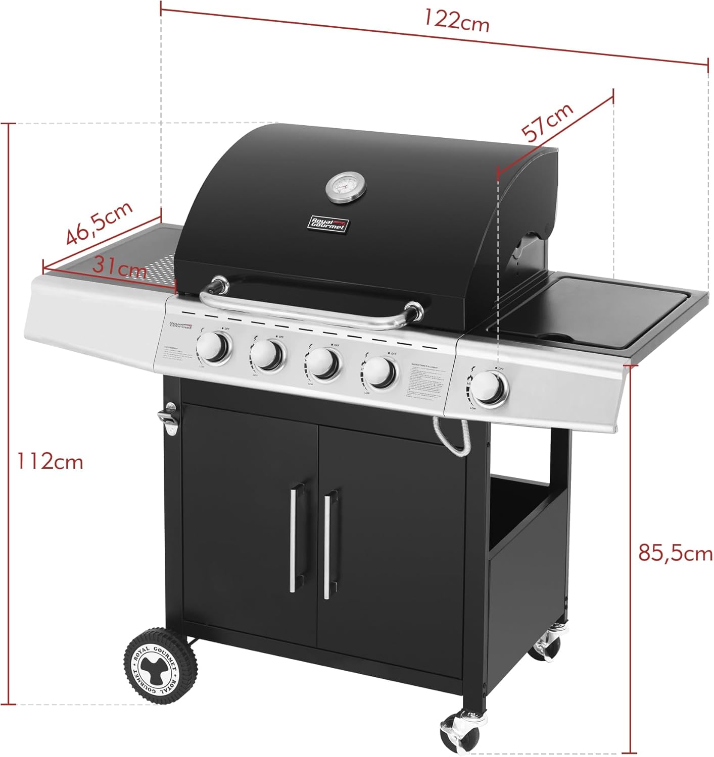 Royal Gourmet – Barbecue Série 4+1 – 14,5kW, inox, tablettes, 2 portes