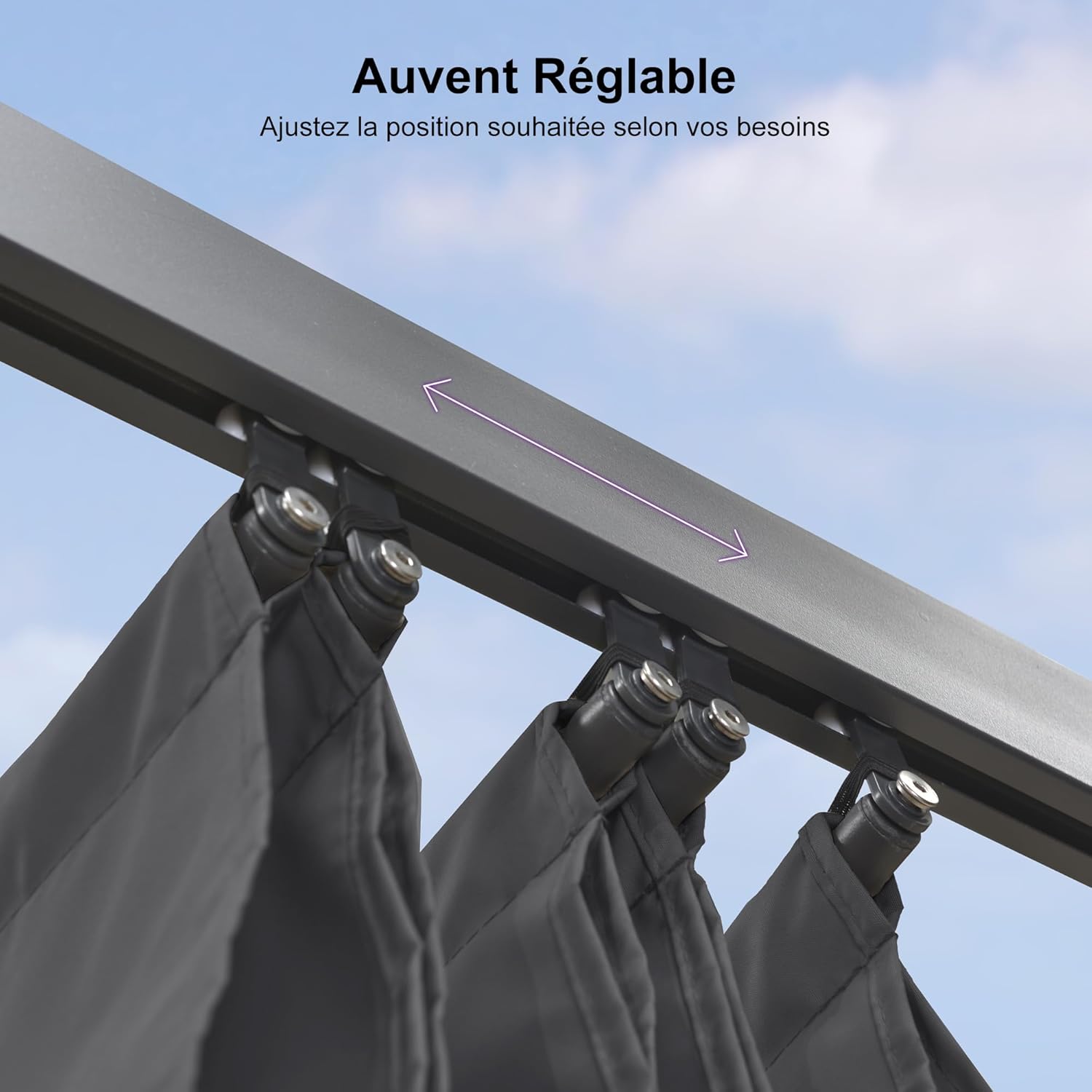 PURPLE LEAF - Pergola aluminium - 4,8x3,5m - toit coulissant, tissu teint en fil, gris