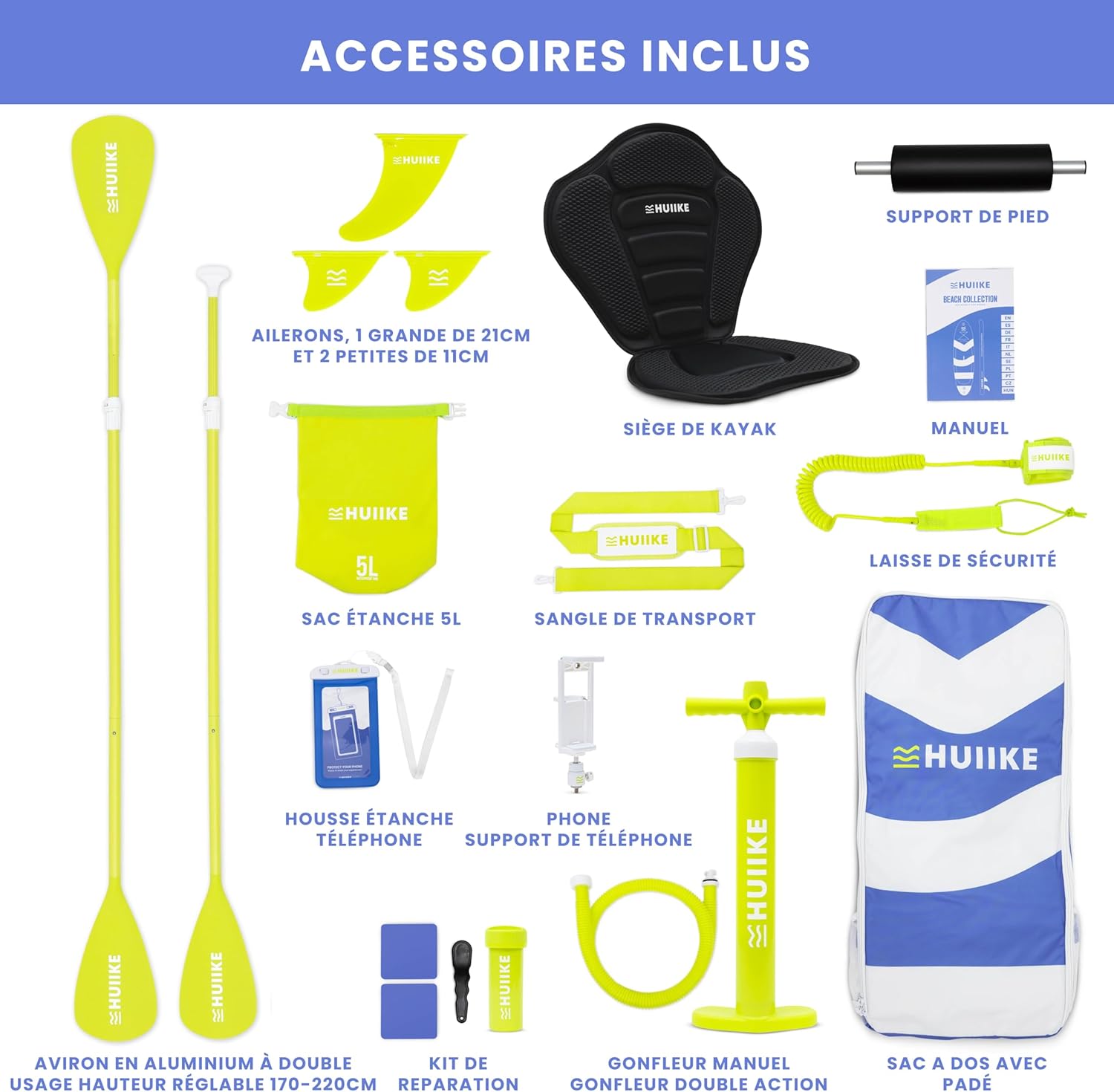 HUIIKE Paddle Gonflable Adulte avec Accessoires Inclus, Pagaie, Ailerons, Pompe. Planche de Stand Up Paddle Grande Stabilité et Résistance. 305 x 84 x 15 cm, Jusqu'à 130 kg