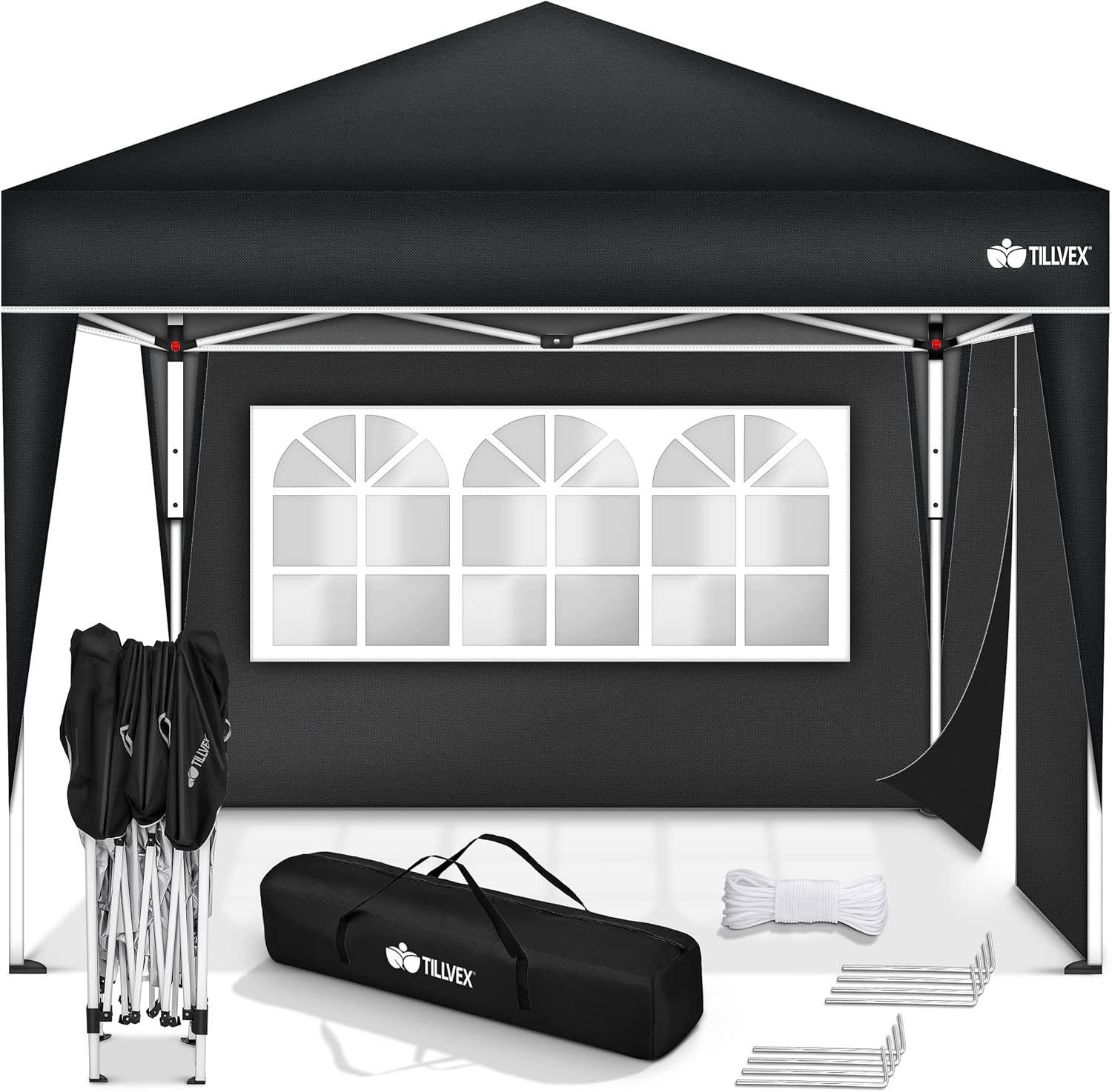 tillvex Tonnelle de Jardin 3 x 3 m Pliable avec 2 côtés | Tente de Jardin Pliante réglable en Hauteur | Auvent Pliant pour Camping, Festival, Plage, Jardin | Protection UV 50+ | avec Sac de Jardin