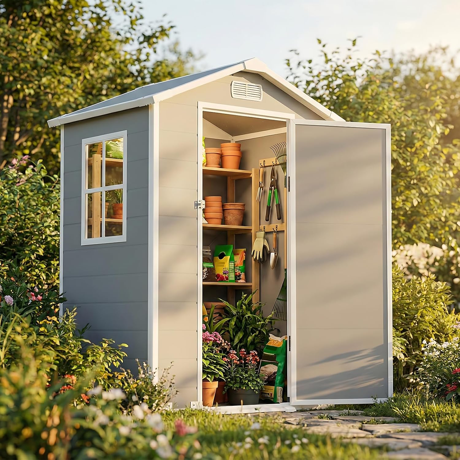 LARBANKE - abri de jardin résine, 127x93x195cm, toit incliné, fenêtre, verrou