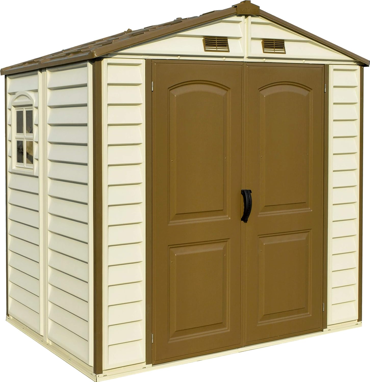 Duramax StoreAll 8 x 6 (3.85 m²) Abri de jardin en plastique avec 1 fenêtre fixe et kit de fondation en métal, structure de toit en métal robuste, ignifuge et sans entretien - Ivory/Brown