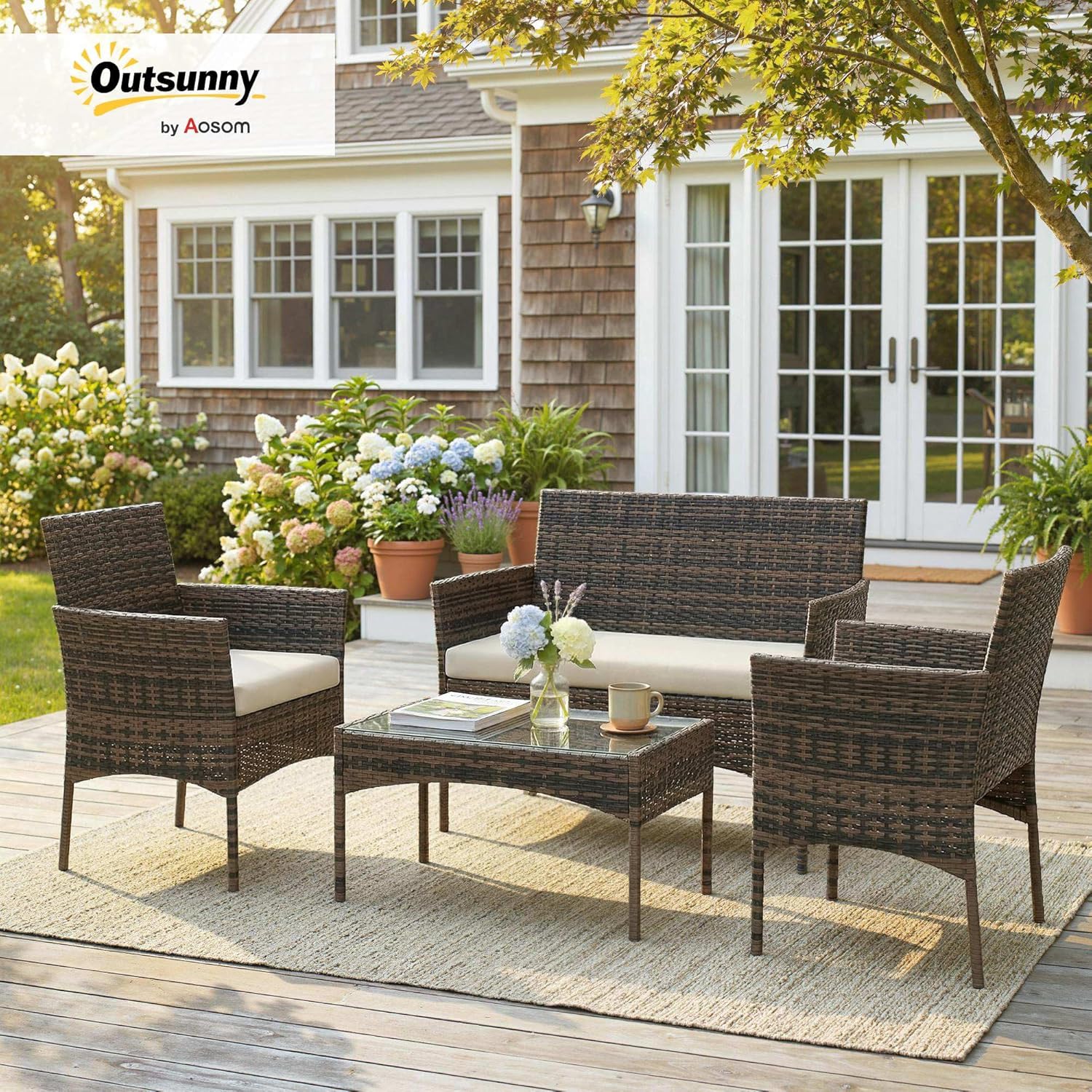 Outsunny - Salon jardin 4 personnes - canapés, table verre, coussins déhoussables, résine tressée, beige