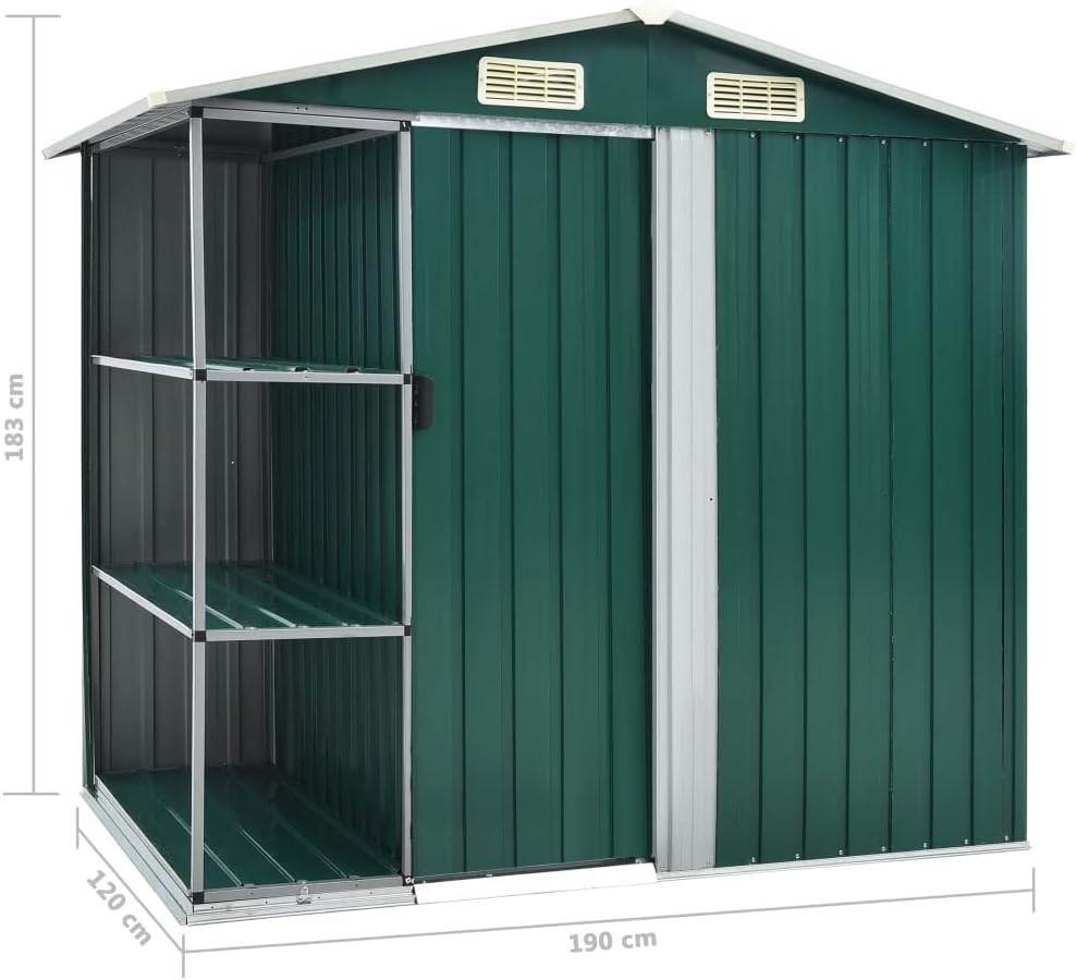 LAPOOH - Abri de Jardin avec étagère, 205x130x183 cm, fer, vert