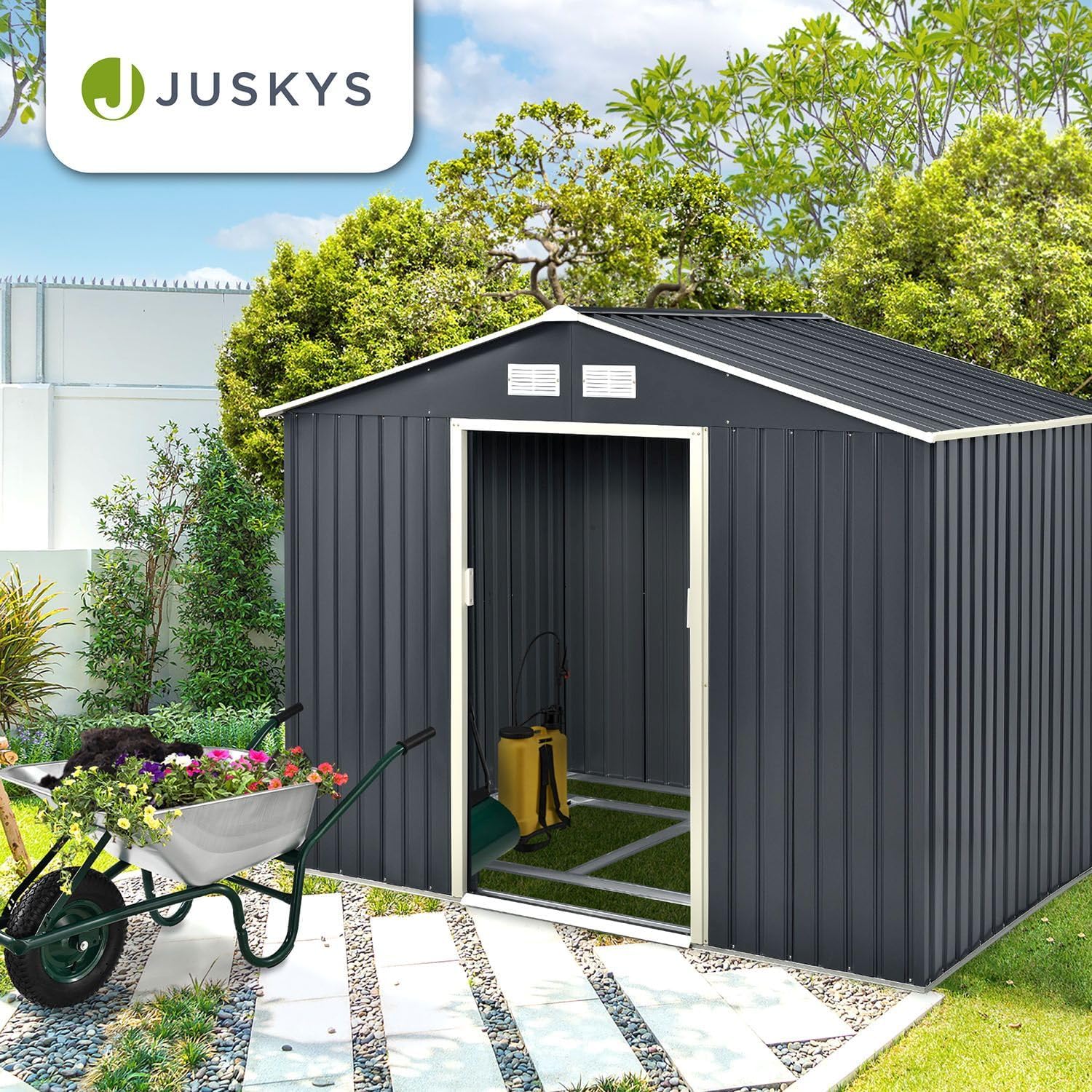 Juskys - Abri à Outils XL - 277x191x192cm - métal, porte coulissante, toit incliné