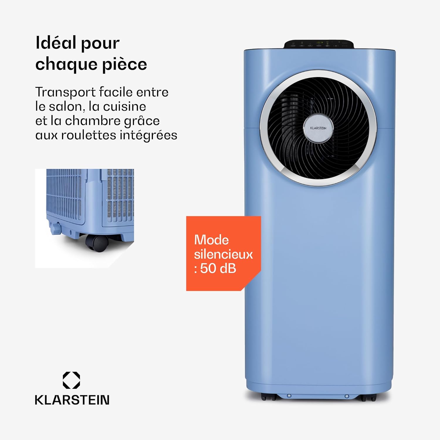 Klarstein Kraftwerk Smart 12K Climatiseur Mobile - 12,000 BTU, 35-59 m², WiFi & App Control, Silencieux 50 dB, Déshumidificateur, Ventilation 3 Niveaux, Minuterie 24h, R290, Tuyau Inclus, Bleu moyen