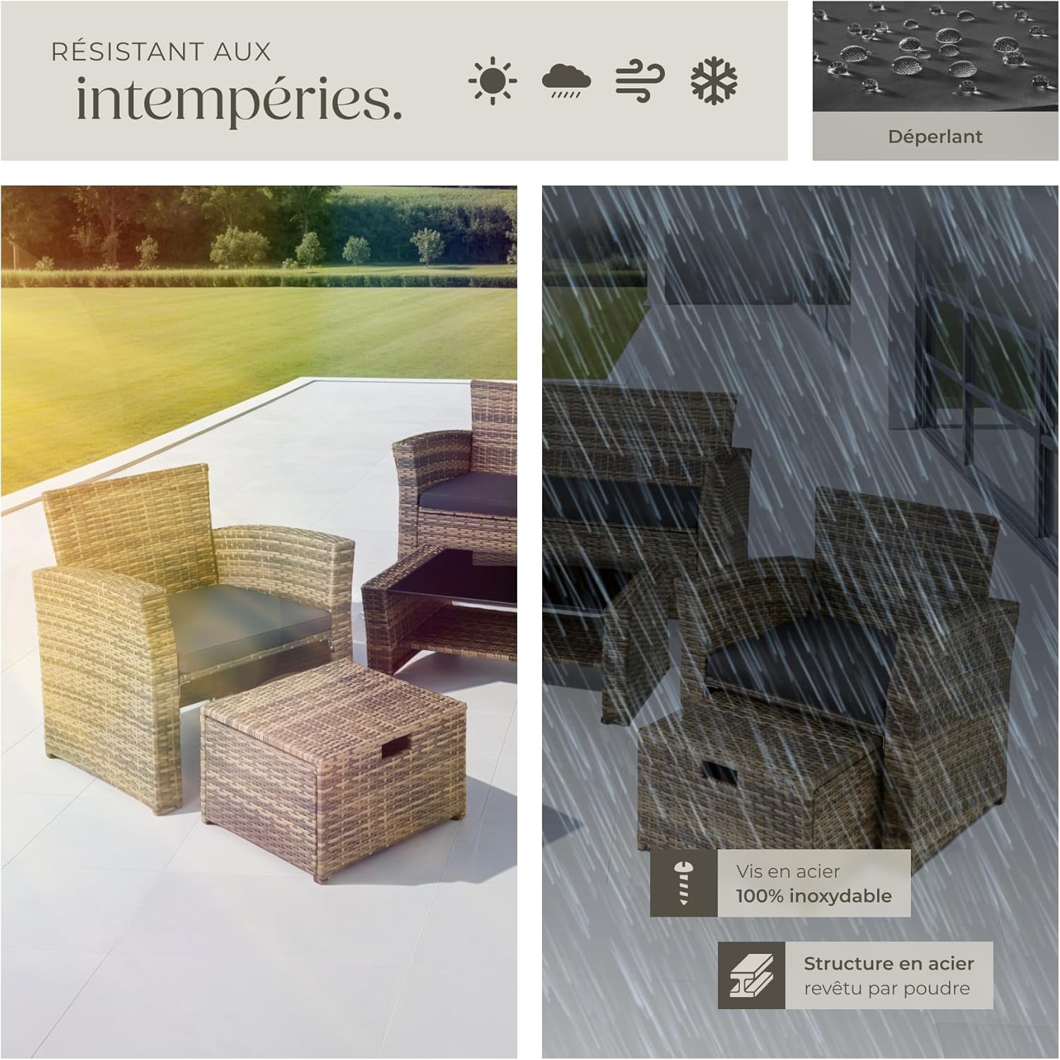tectake - Ensemble salon de jardin 6 places - poly rotin, coussins épais, table basse, marron naturel