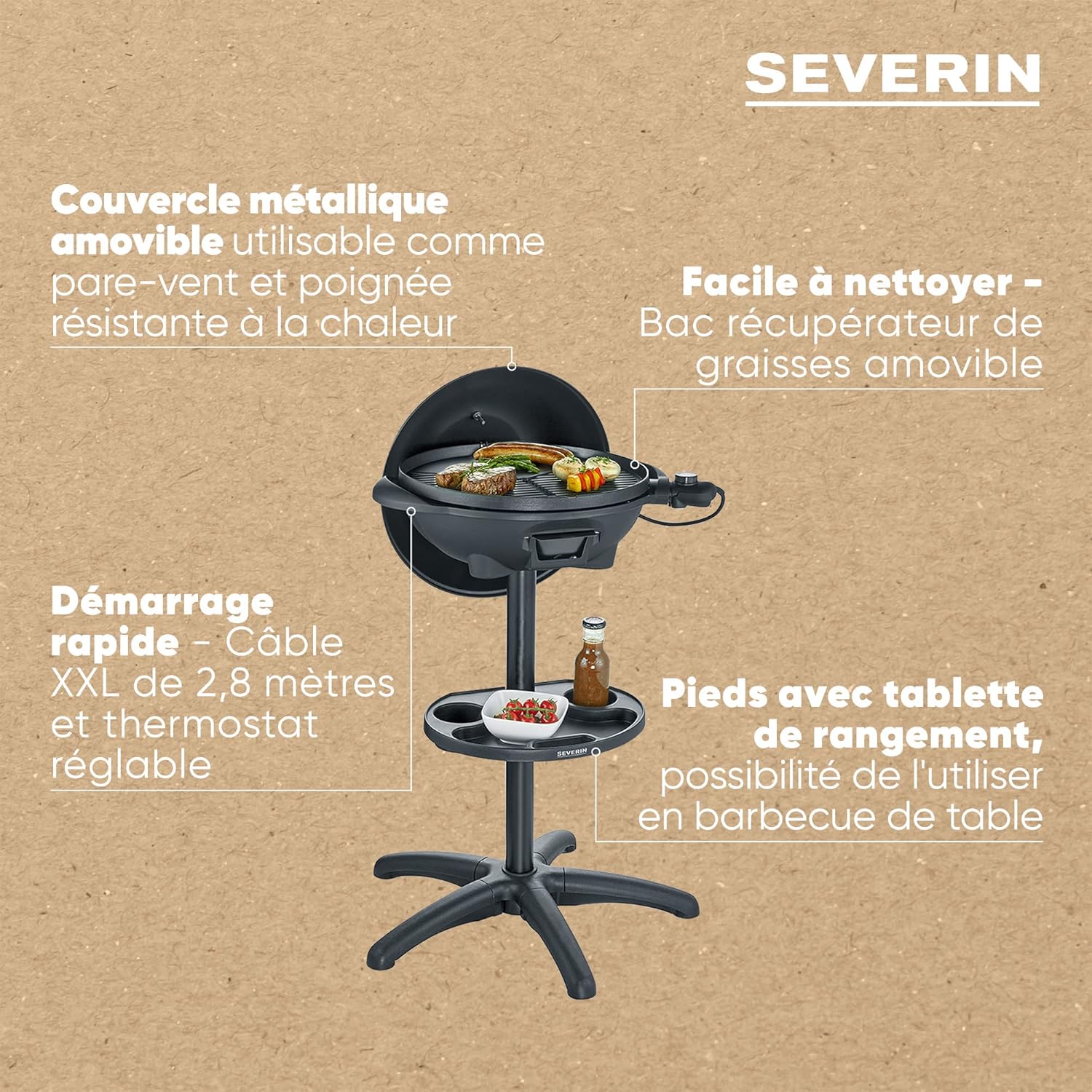 SEVERIN - barbecue électrique sur pieds - surface large, couvercle, grille fonte, thermomètre - PG 8541