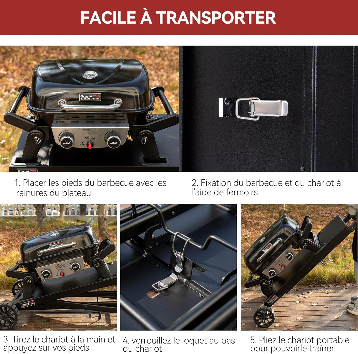 Royal Gourmet - barbecue gaz portable - 48x37 cm - 2 brûleurs, tables pliantes, chariot détachable, 5kW