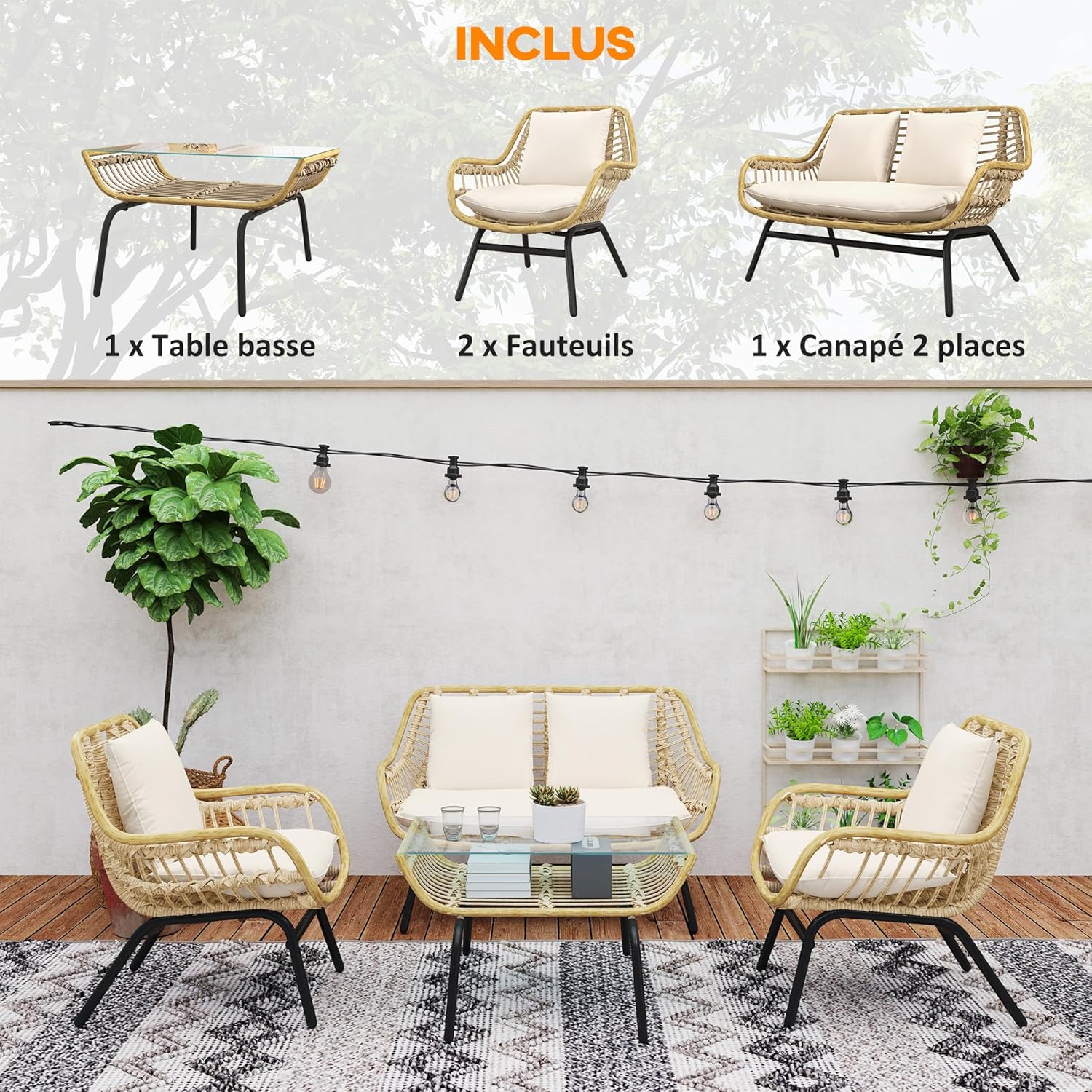Outsunny - Salon de jardin exotique 4 places, métal/résine, coussins confort, beige