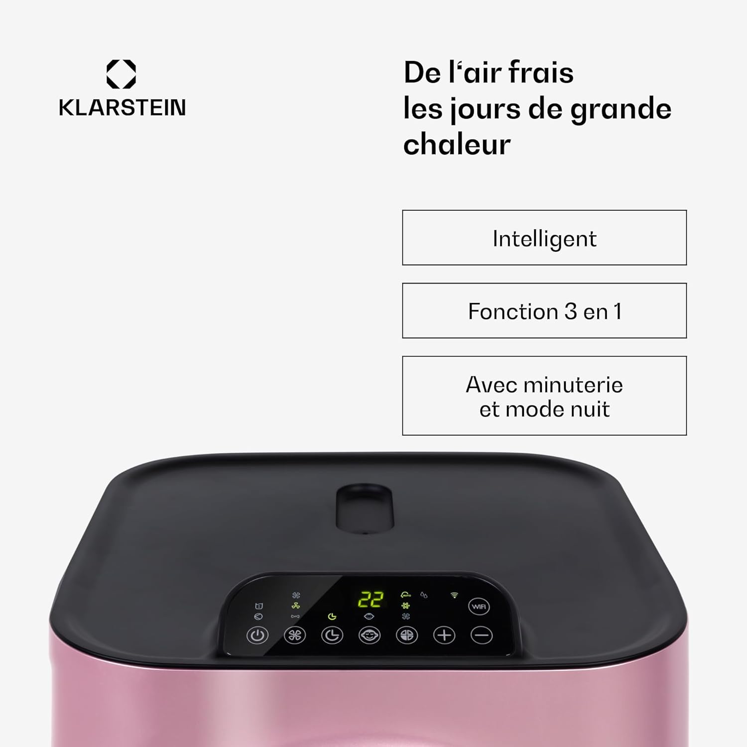 Klarstein Kraftwerk Smart 12K Climatiseur Mobile – 12,000 BTU, 35-59 m², WiFi & App Control, Silencieux 50 dB, Déshumidificateur, Ventilation 3 Niveaux, Minuterie 24h, R290, 1308W, Or Rose Métallique