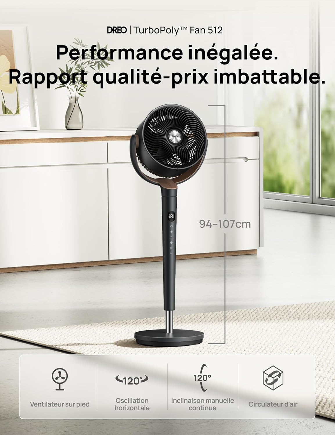 DREO - ventilateur sur pied série DC - 120° oscillation, 9 vitesses, ultra silencieux, portée 30 m