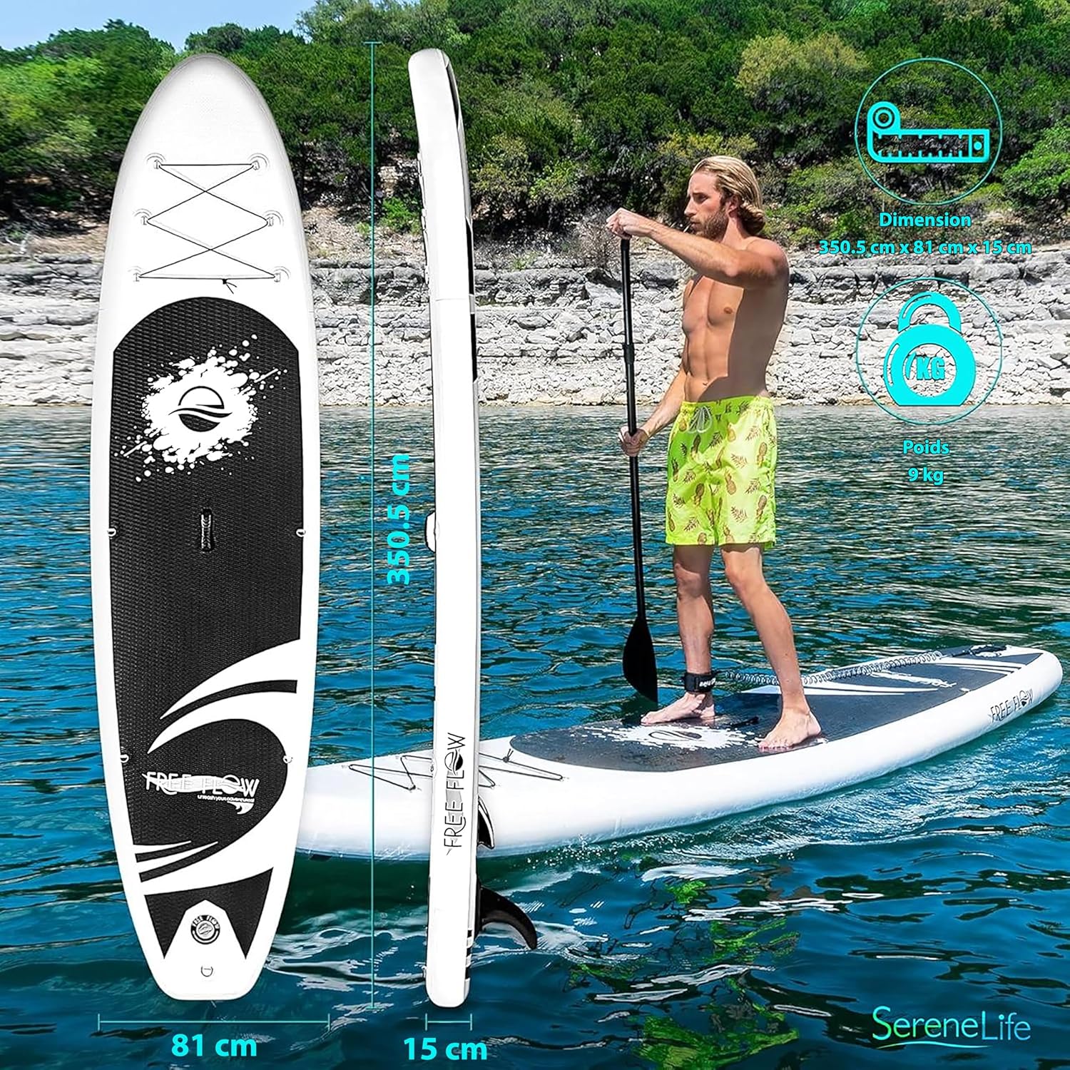 SereneLife Stand Up Paddle Gonflable Adulte 6” – Planche de Paddle avec Accessoires Sup, Sac de Transport, Pont Antidérapant, pour Mer, Lac, Rivière