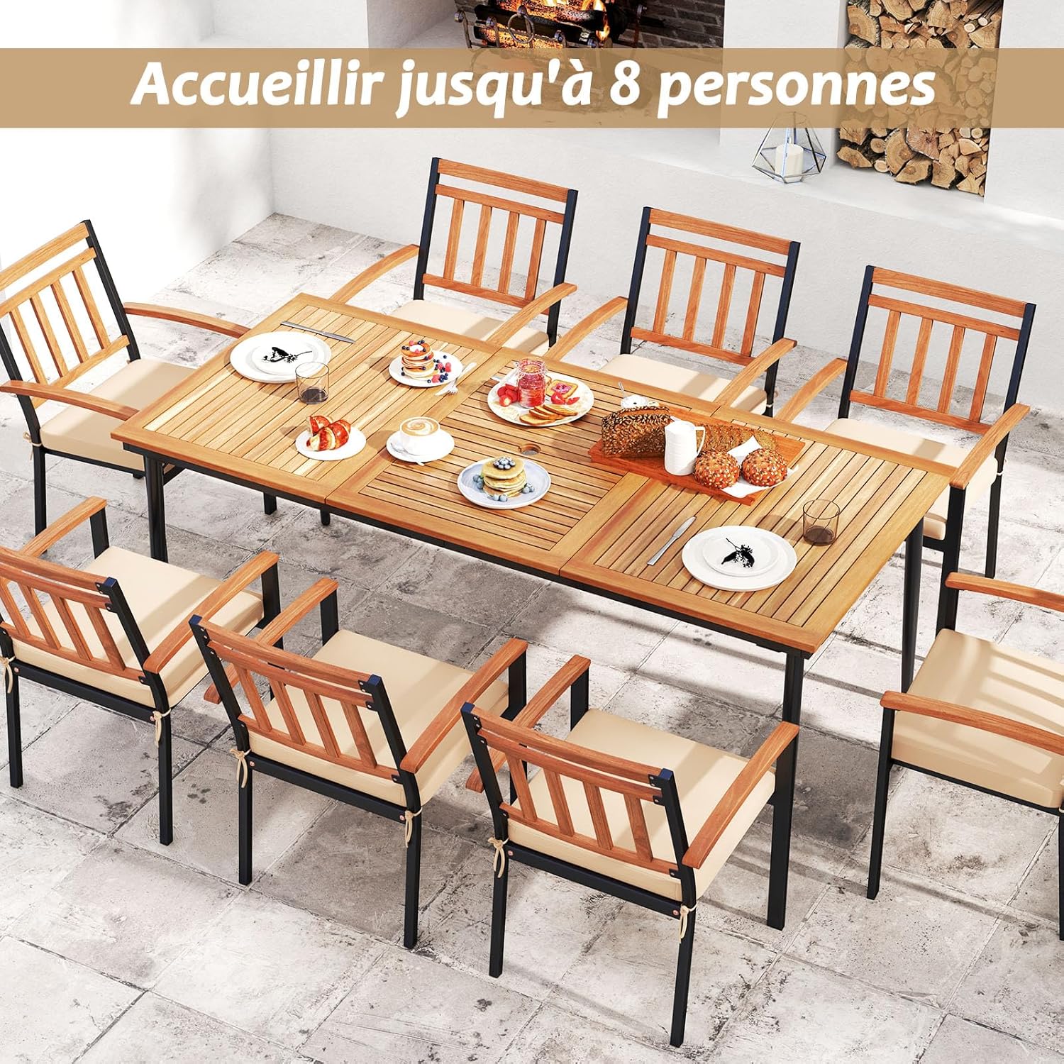 COSTWAY - Table de jardin en bois acacia 200cm, pieds métal, trou parasol