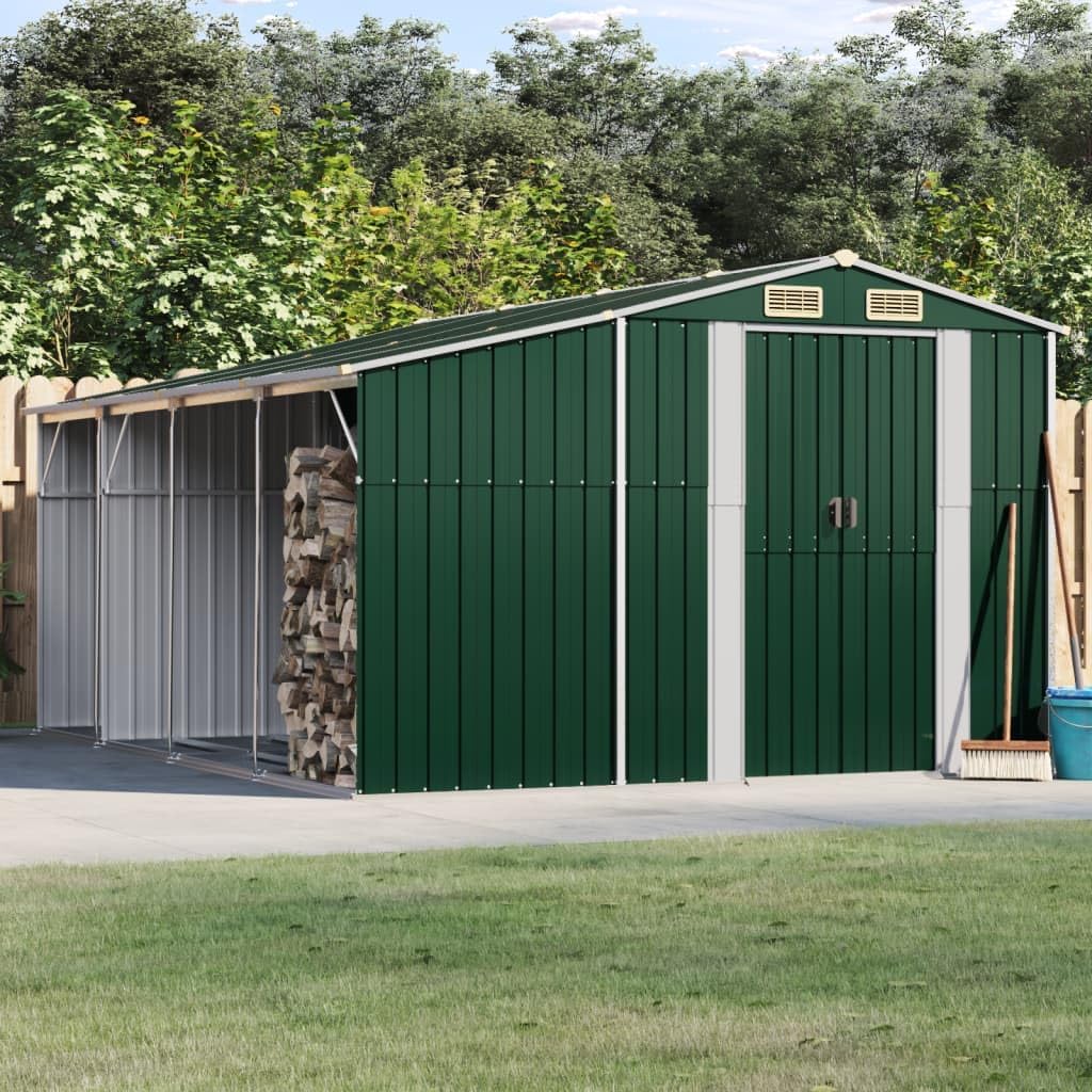 Abri de jardin acier galvanisé 277x365,5x179cm, vert, support bois, 4 aérations