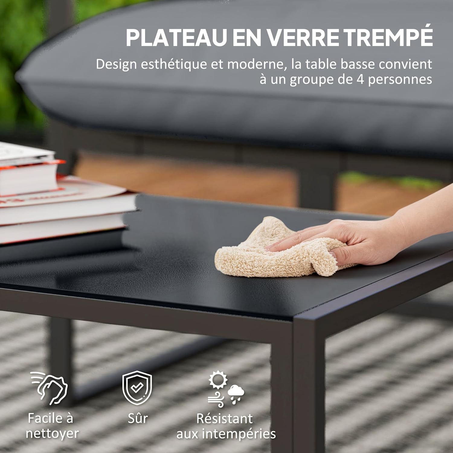Outsunny - Salon bas 4 pièces - coussins 15cm, structure acier noir, canapé 2 places, table basse, fauteuils