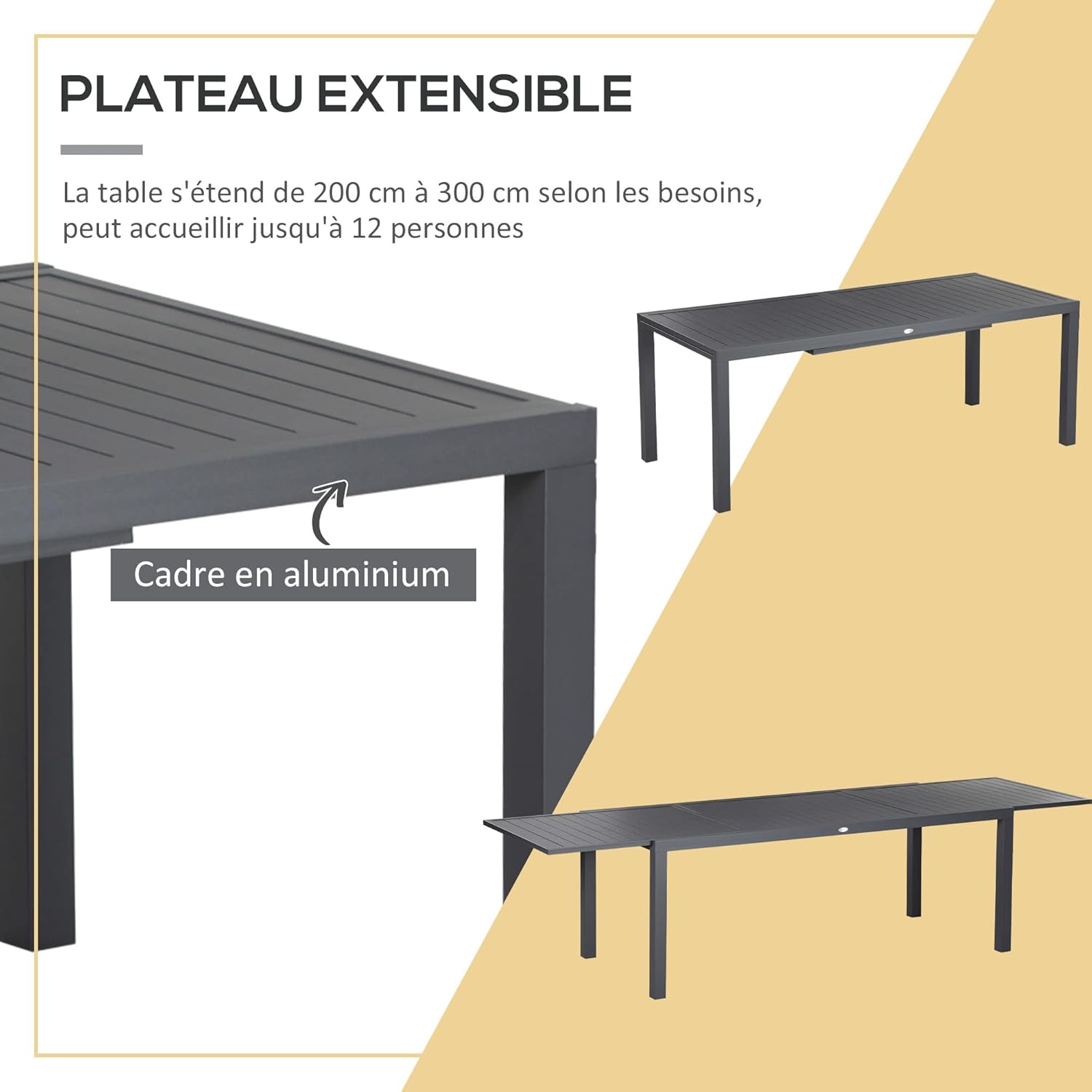 Outsunny - Salon de jardin alu textilène extensible - 200/300x90x75cm - 12 chaises empilables