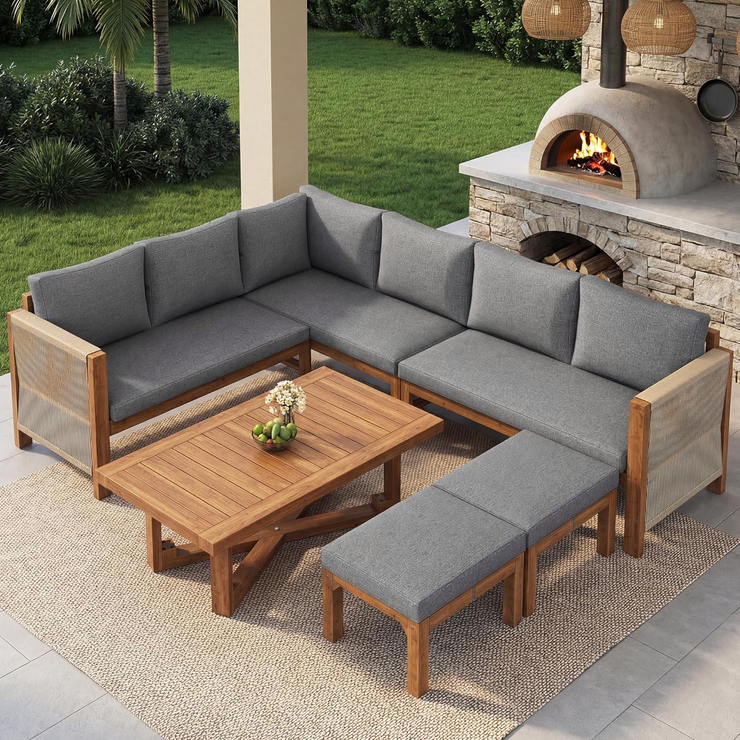 Sapgaks - Salon de Jardin E-Gris - 6 places modulable bois acacia, coussins, table et 2 tabourets