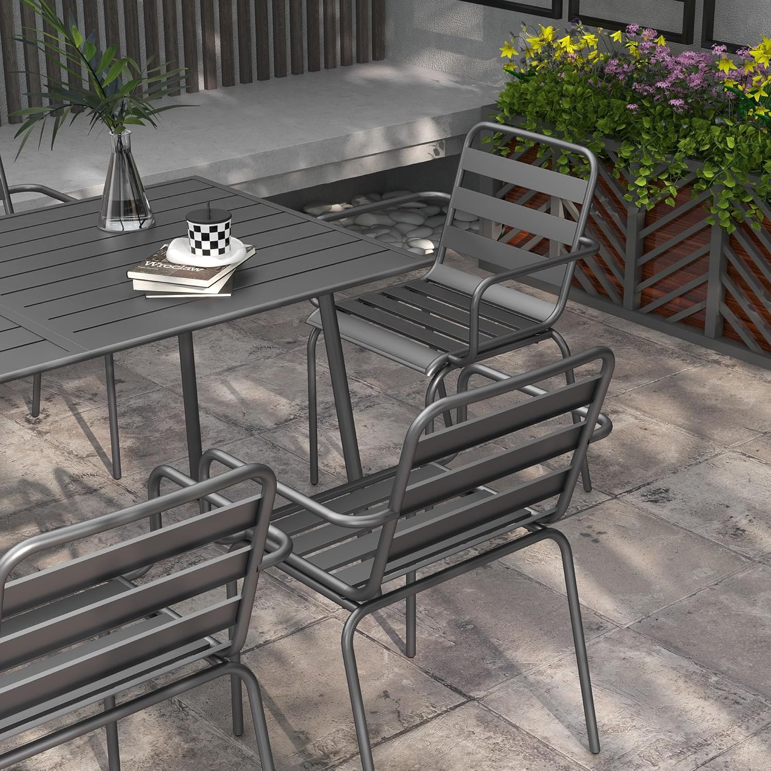 Outsunny - Salon de jardin 7 pièces - table + 6 chaises - acier gris foncé
