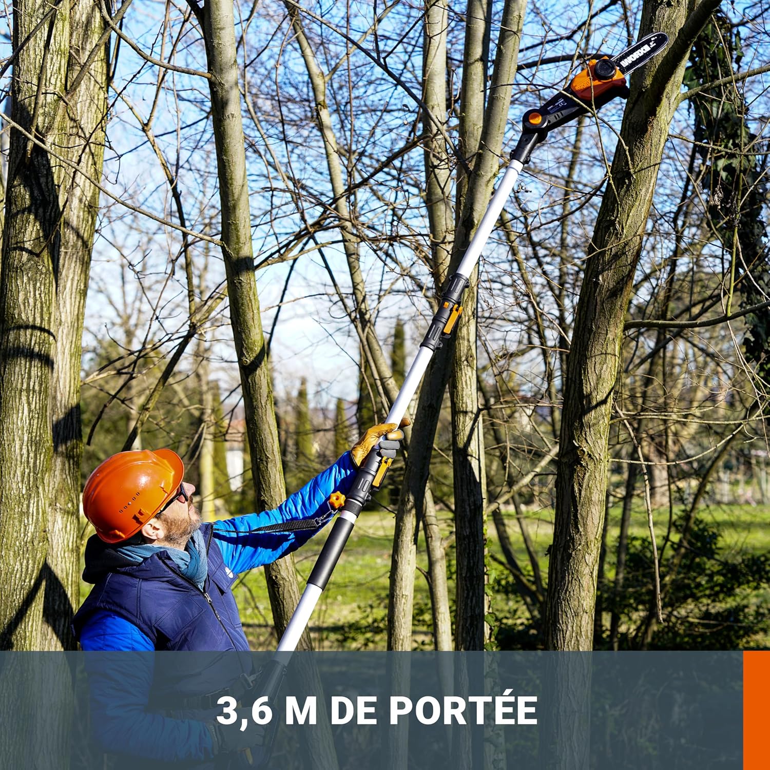 WORX - tronçonneuse élagueuse 20V - guide 20cm - manche télescopique, coupe 3,6m, harnais, WG349E.9